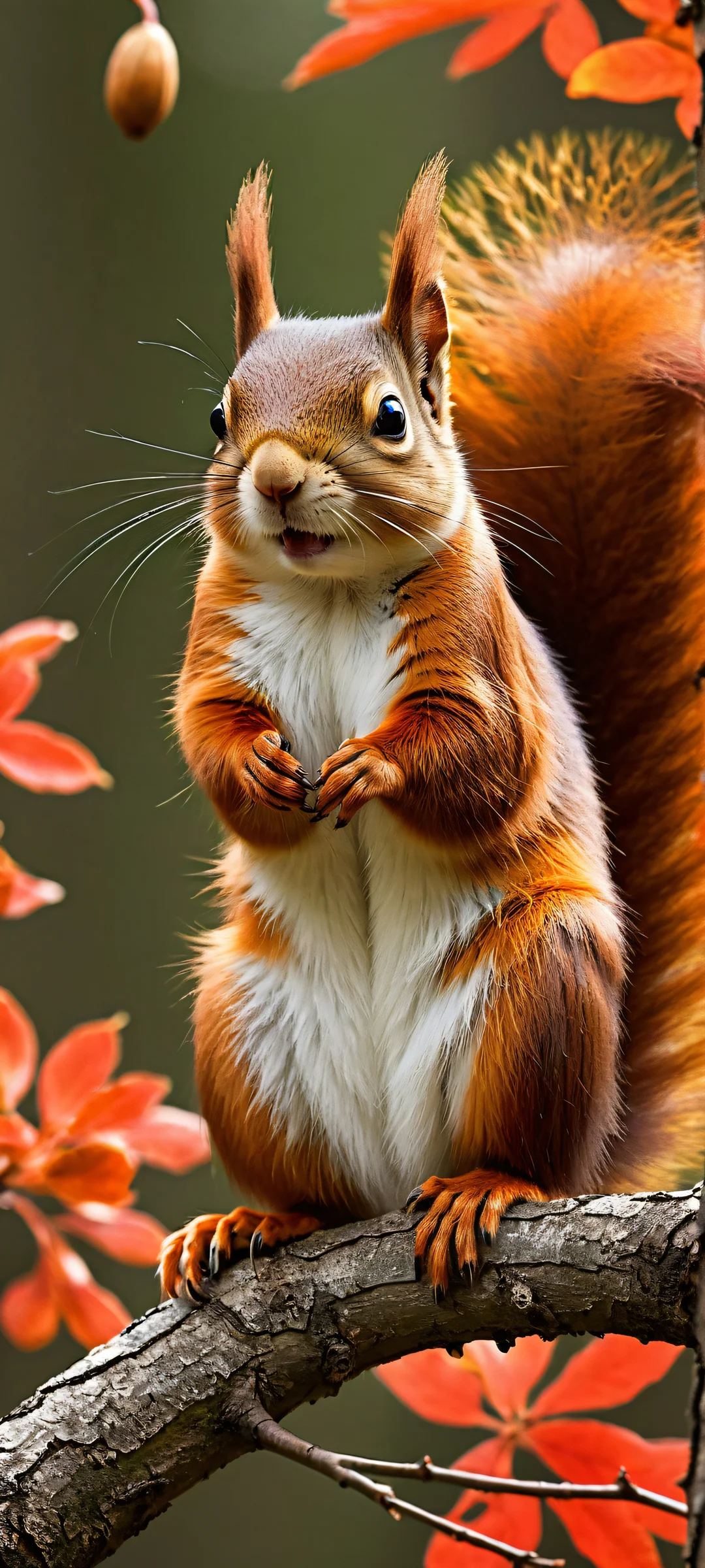 A red squirrel sits peacefully amidst intricate leaves and branches on a pure void background. iPhone/Androidのホーム画面に最適.