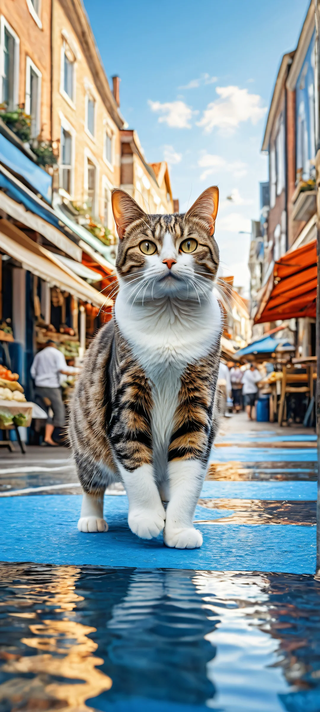 A young tabby cat running on two legs while hugging a shiny fish, set against a bustling Dutch street market. Perfectly optimized for iPhone and Android home screens.