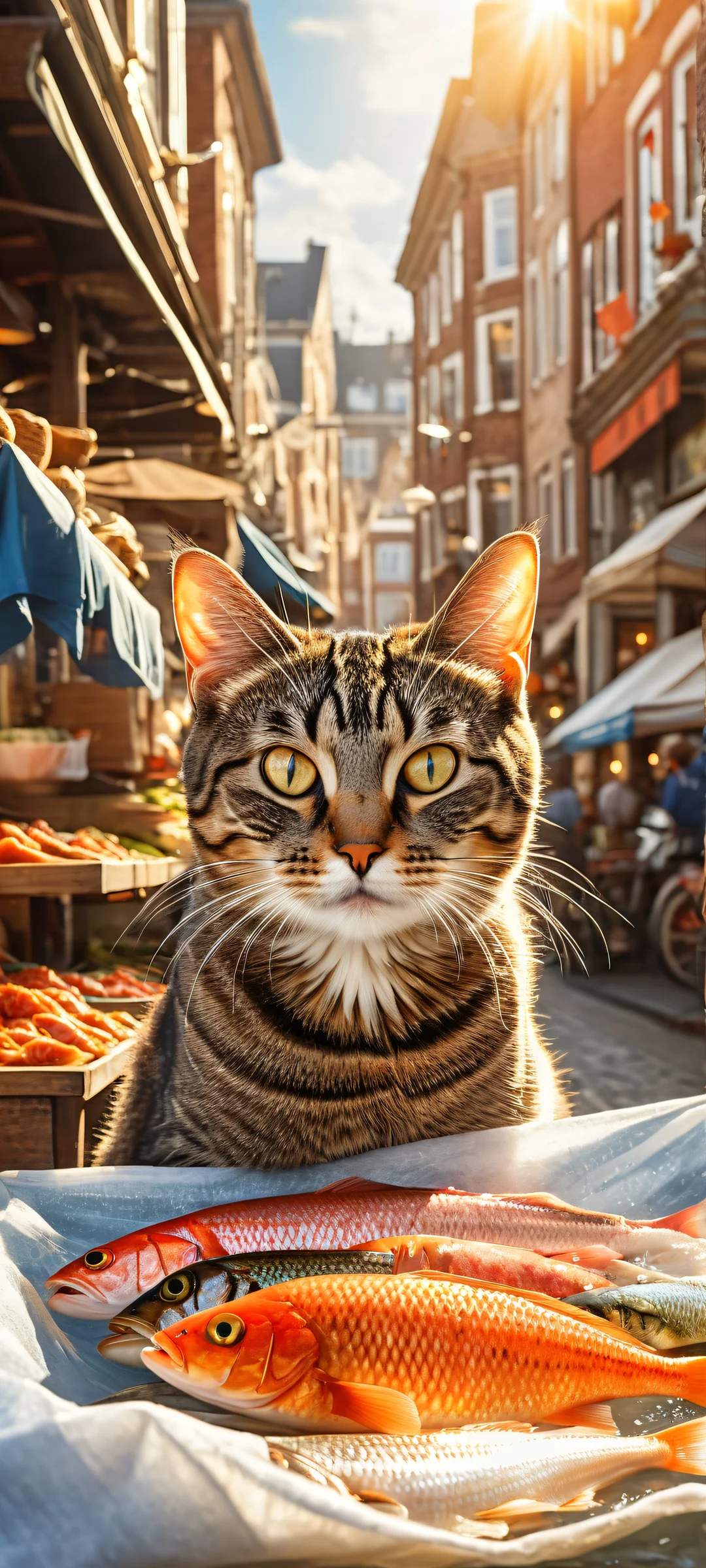A playful tabby cat tightly hugging a shiny silver fish on a Dutch street market scene, perfectly optimized for iPhone and Android home screens.