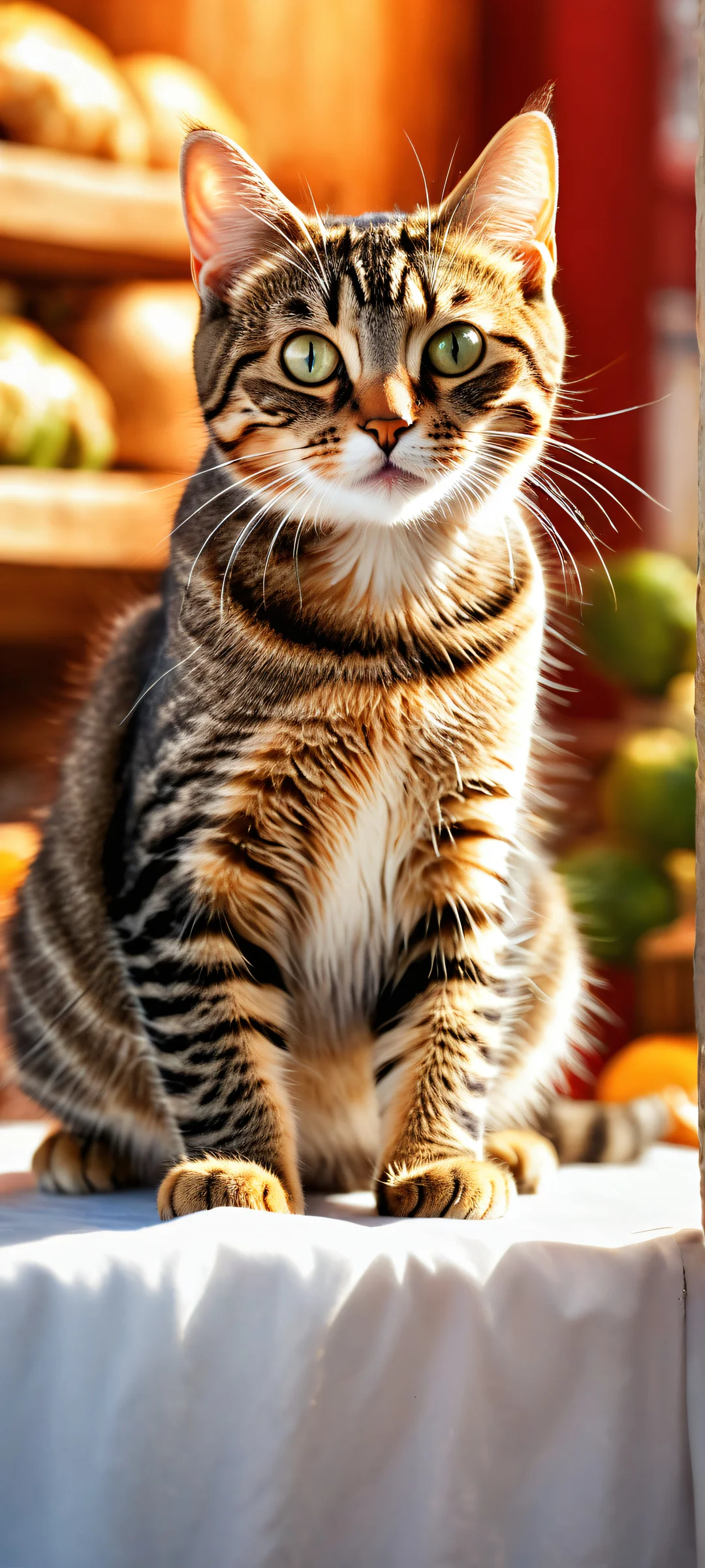 A young tabby cat clinging to a shiny silver fish on a blurred market scene background, perfectly optimized for iPhone, Samsung Galaxy, and Android home screens.