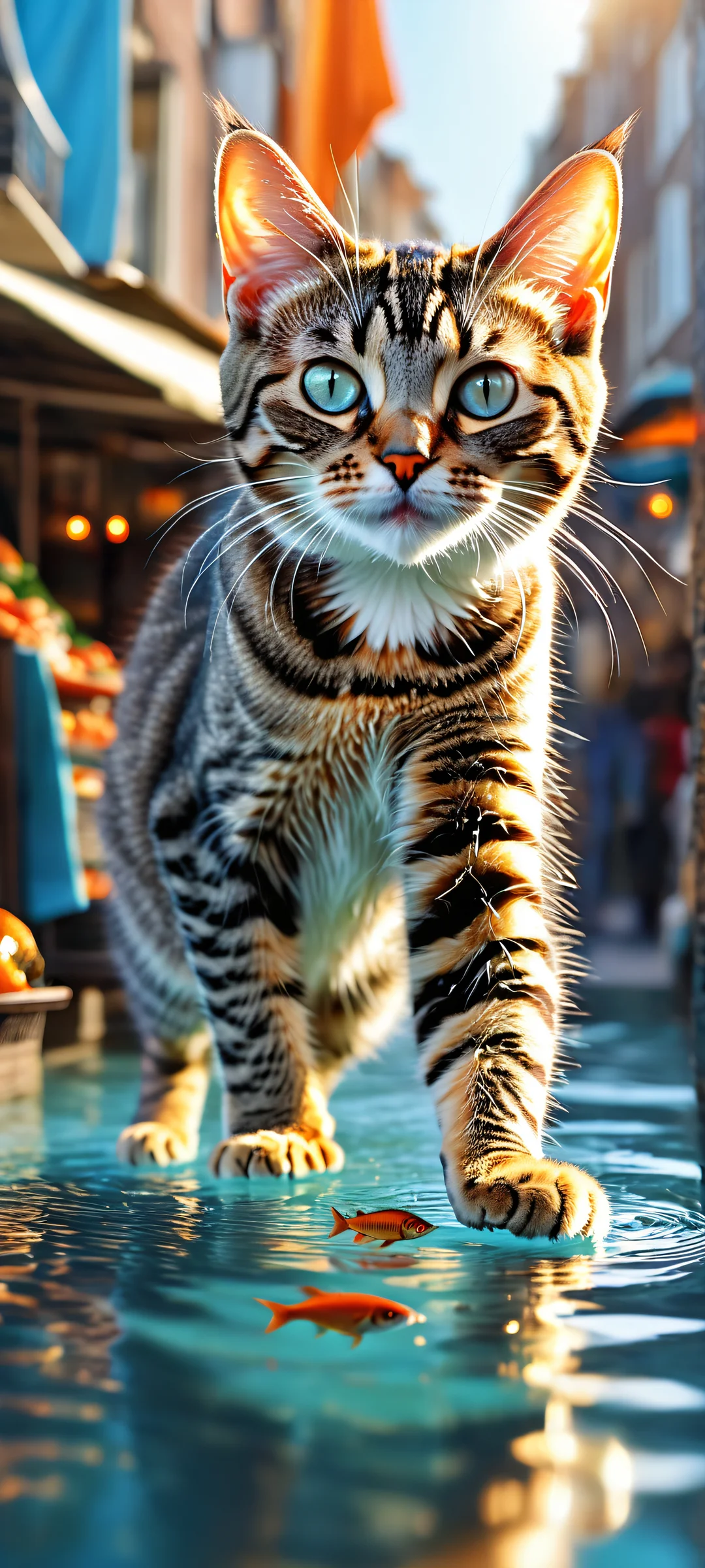 A whimsical artwork of a tabby cat holding a fish, with a bustling Dutch street market in the background - iPhone/Androidのホーム画面に最適.