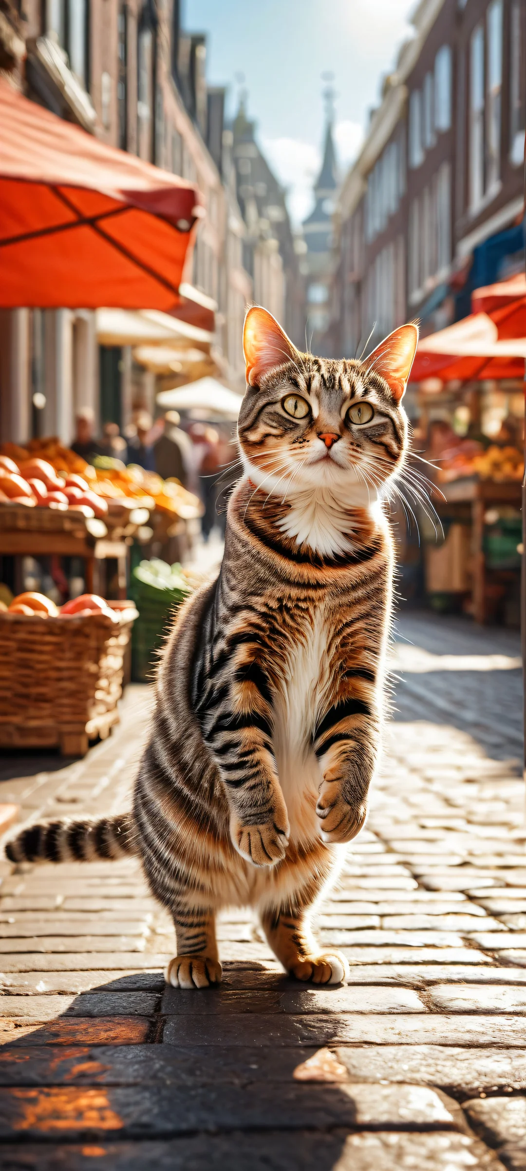 A young tabby cat tightly hugs a silver fish as it runs down a Dutch street market. iPhone/Android.