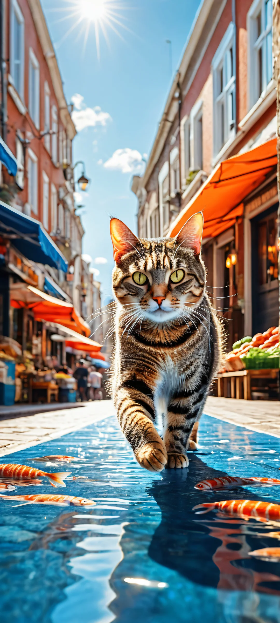 A tabby cat running on two legs with a shiny silver fish, surrounded by a Dutch street market scene. Perfect for iPhone/Android home screens.