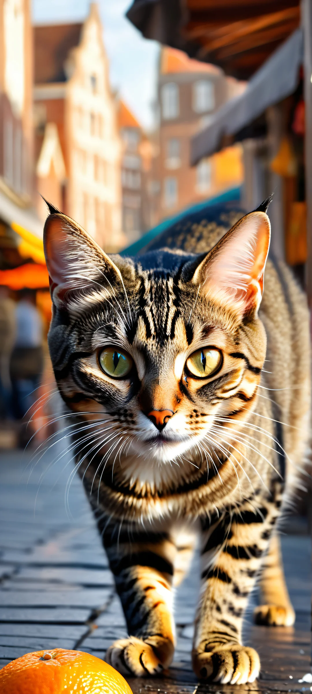 A young tabby cat running with a fish on iPhone/Android, amidst a Dutch street market scene.