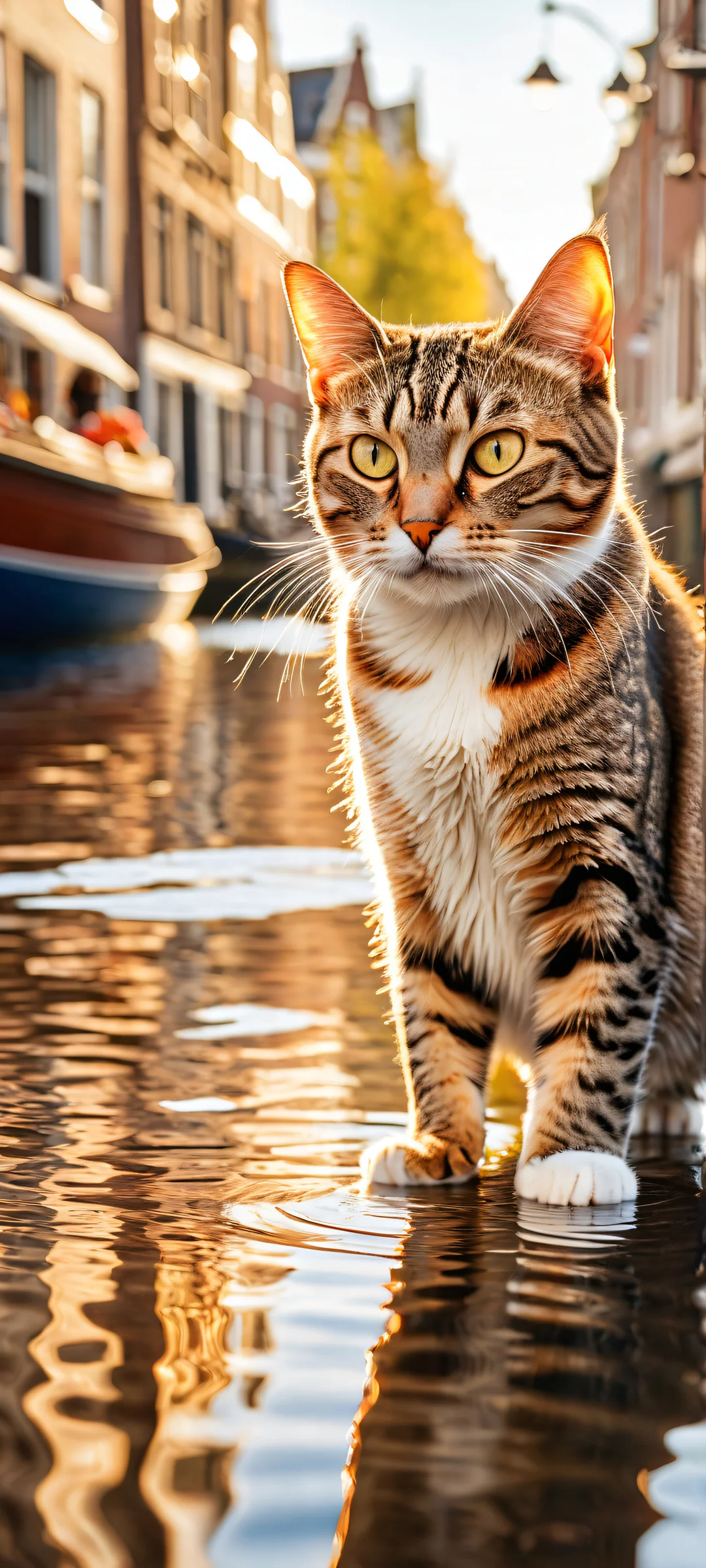 Whiskers & Wonder QHD Phone Background A young tabby cat hugs a silver fish on a vibrant Dutch market scene, perfect for iPhone/Android home screens.