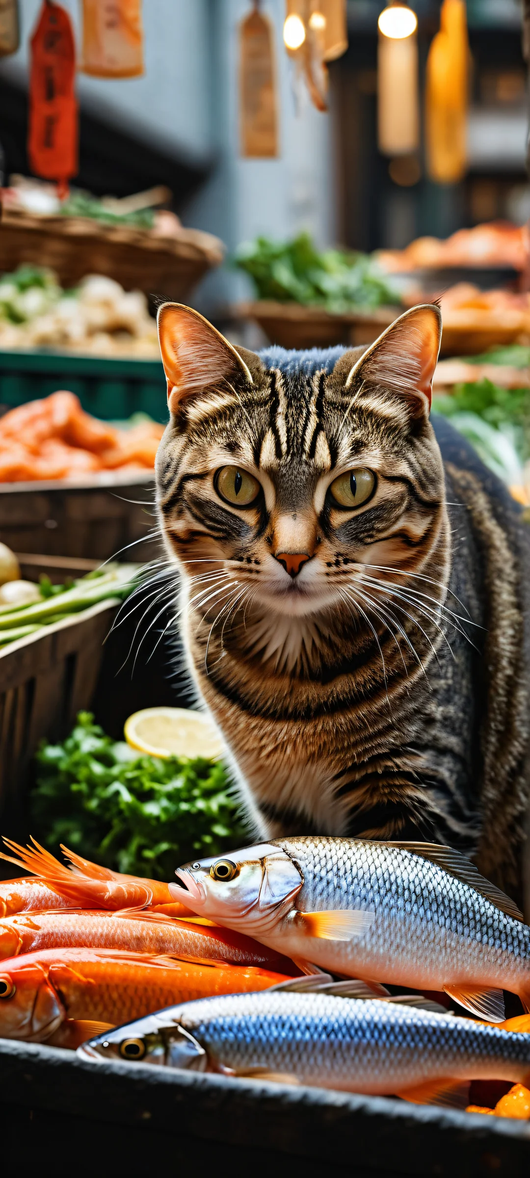 A curious tabby cat hugs a shiny silver fish in this whimsical digital artwork, perfect for iPhone and Android home screens.