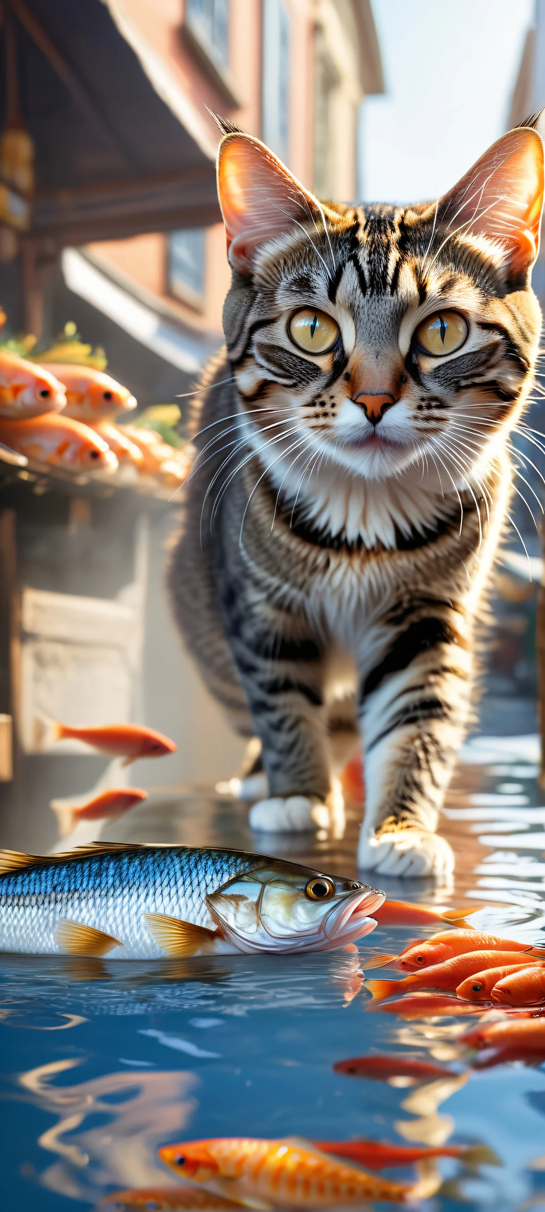 A curious cat hugs a fish as it escapes from a vendor's grasp, amidst the vibrant colors and lively atmosphere of a Dutch street market. iPhone/Android compatible.