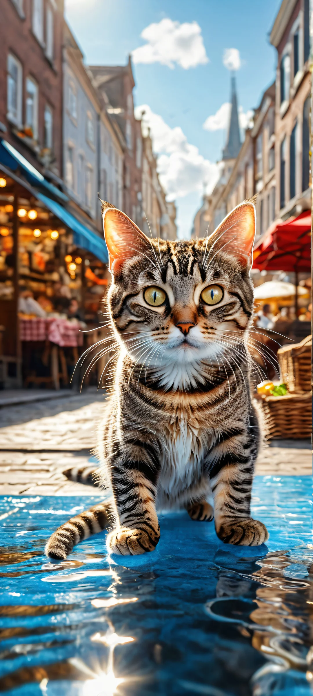 A young tabby cat holds a shiny silver fish tightly, with a dramatic expression. The image features a bustling Dutch street market scene below.