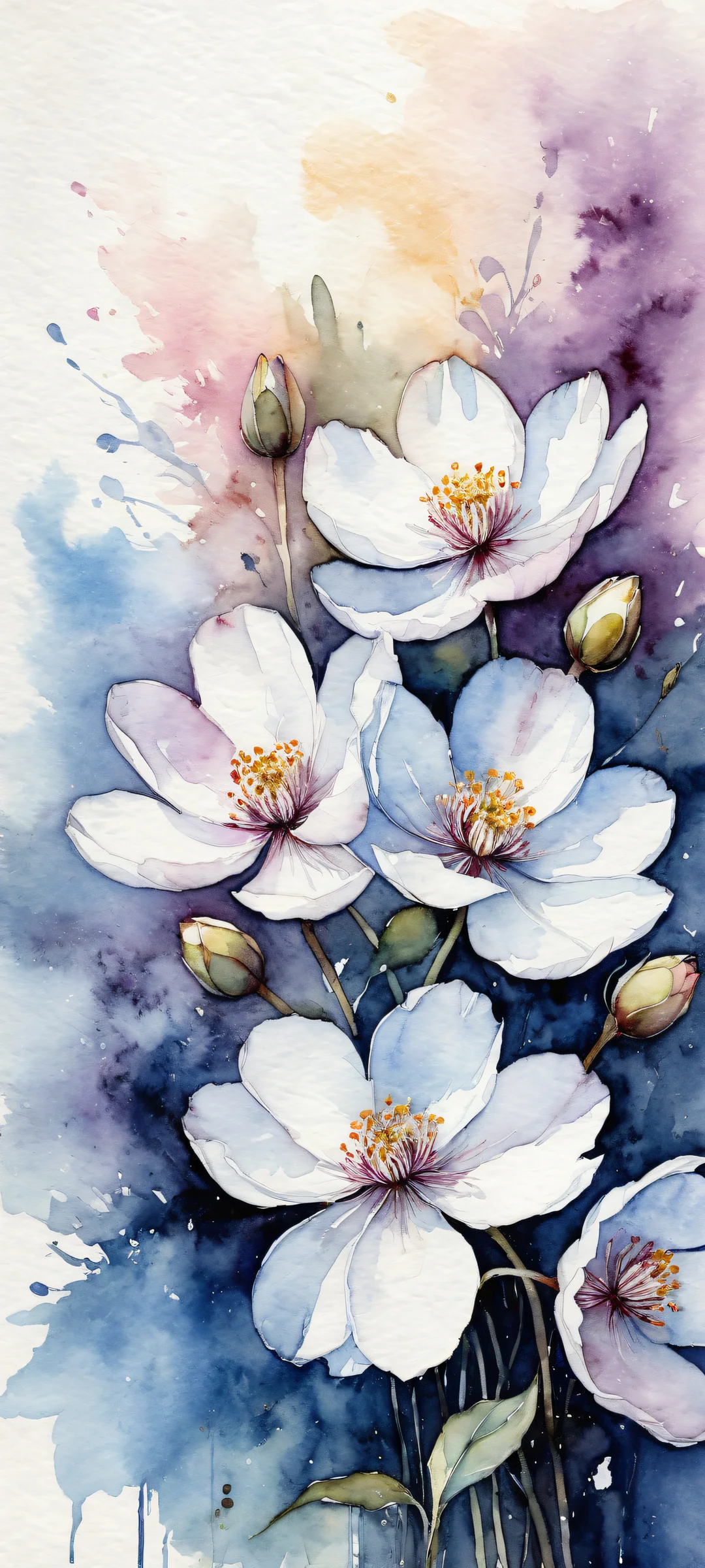 Delicate watercolor blooms on a dark background for iPhone/Android wallpapers.
