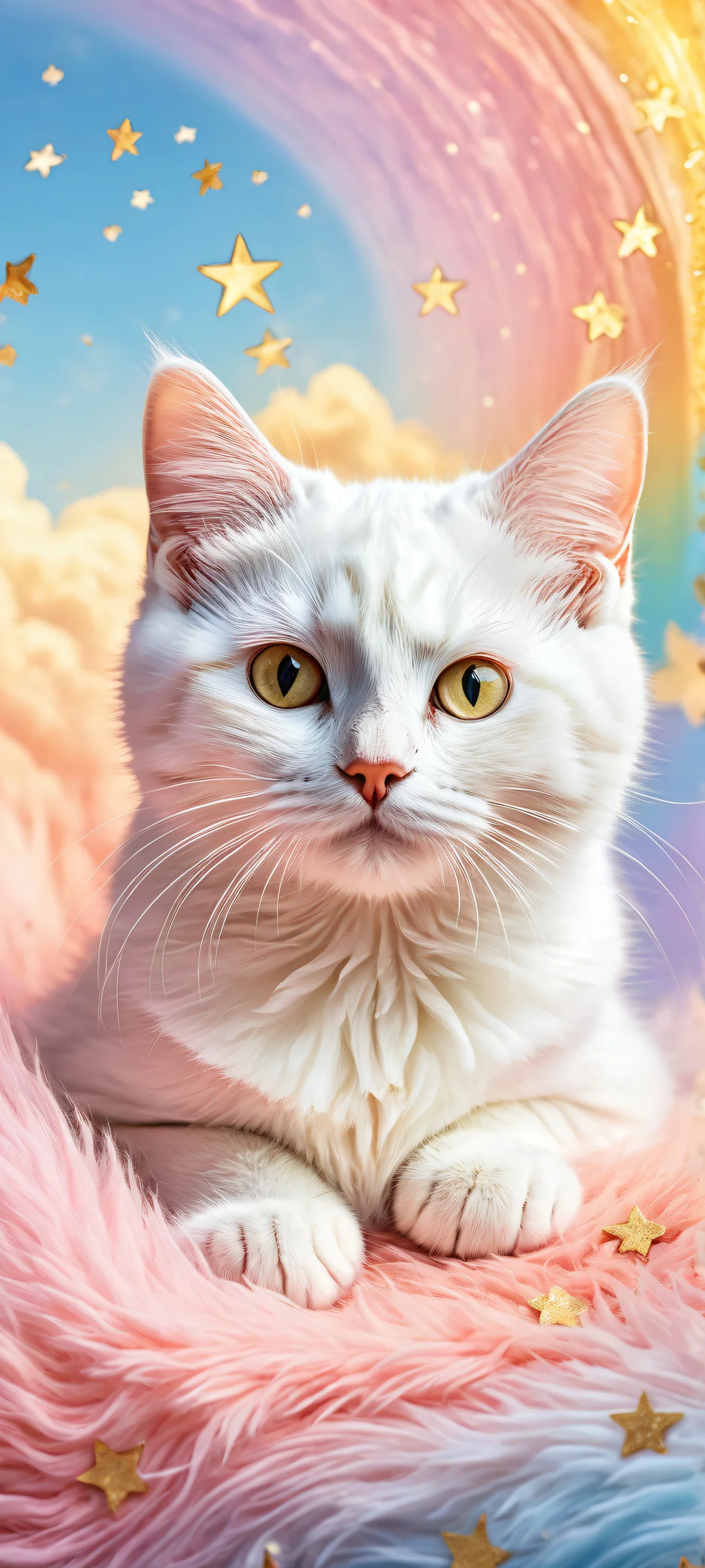 A serene iPhone/Android wallpaper featuring a whimsical kitten's inner world with intricate details and ethereal colors.