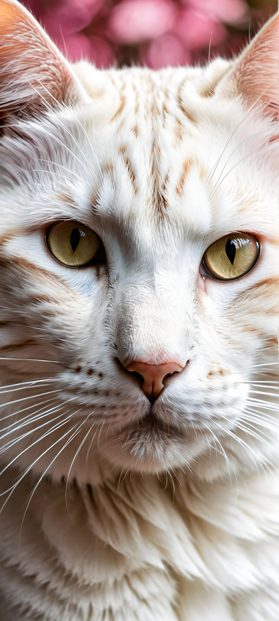 A majestic cat's face on iPhone/Android, featuring intricate whiskers and piercing eyes, set against a serene background of lush nature elements.