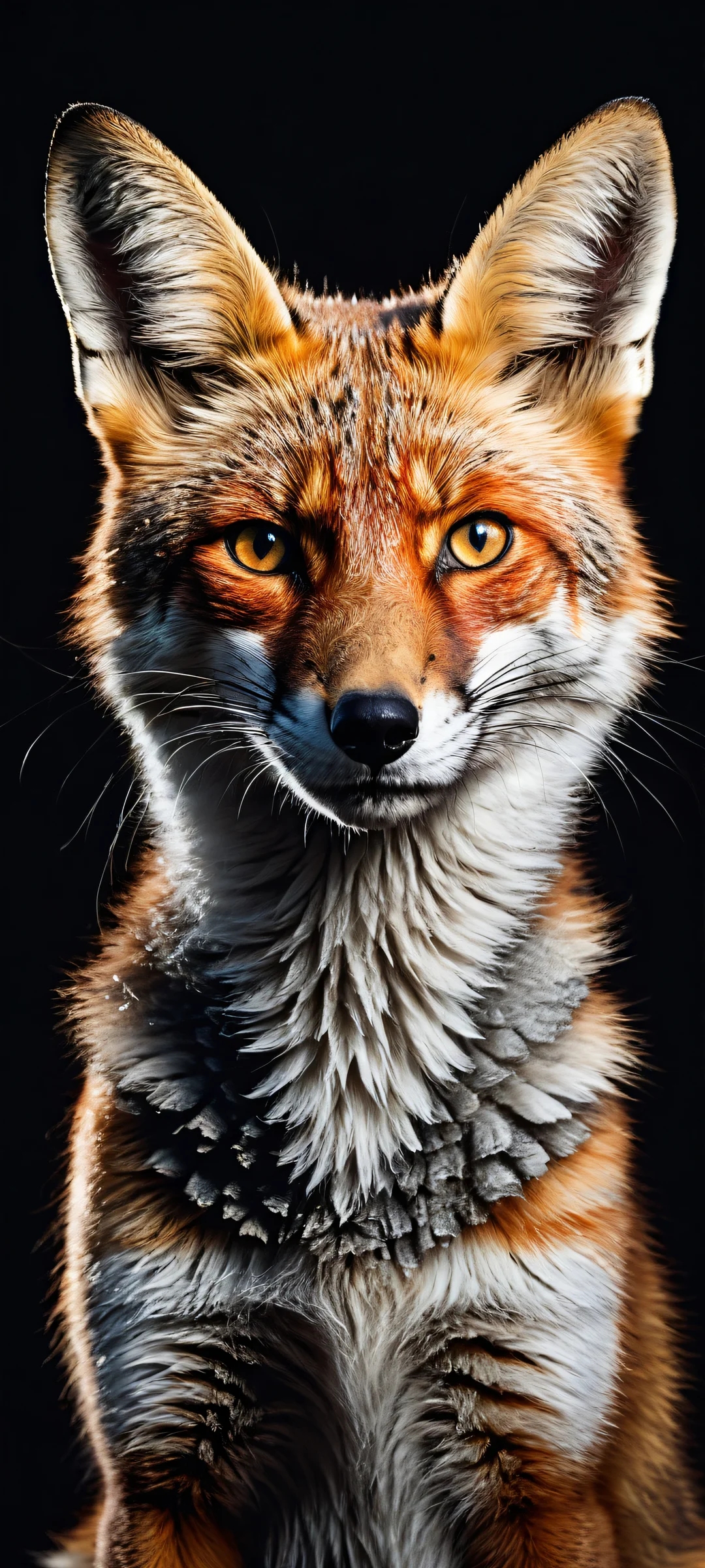 A smiling fox with meow skulls against a pure void, parfaitement optimisé pour les écrans d'accueil iPhone/Android.