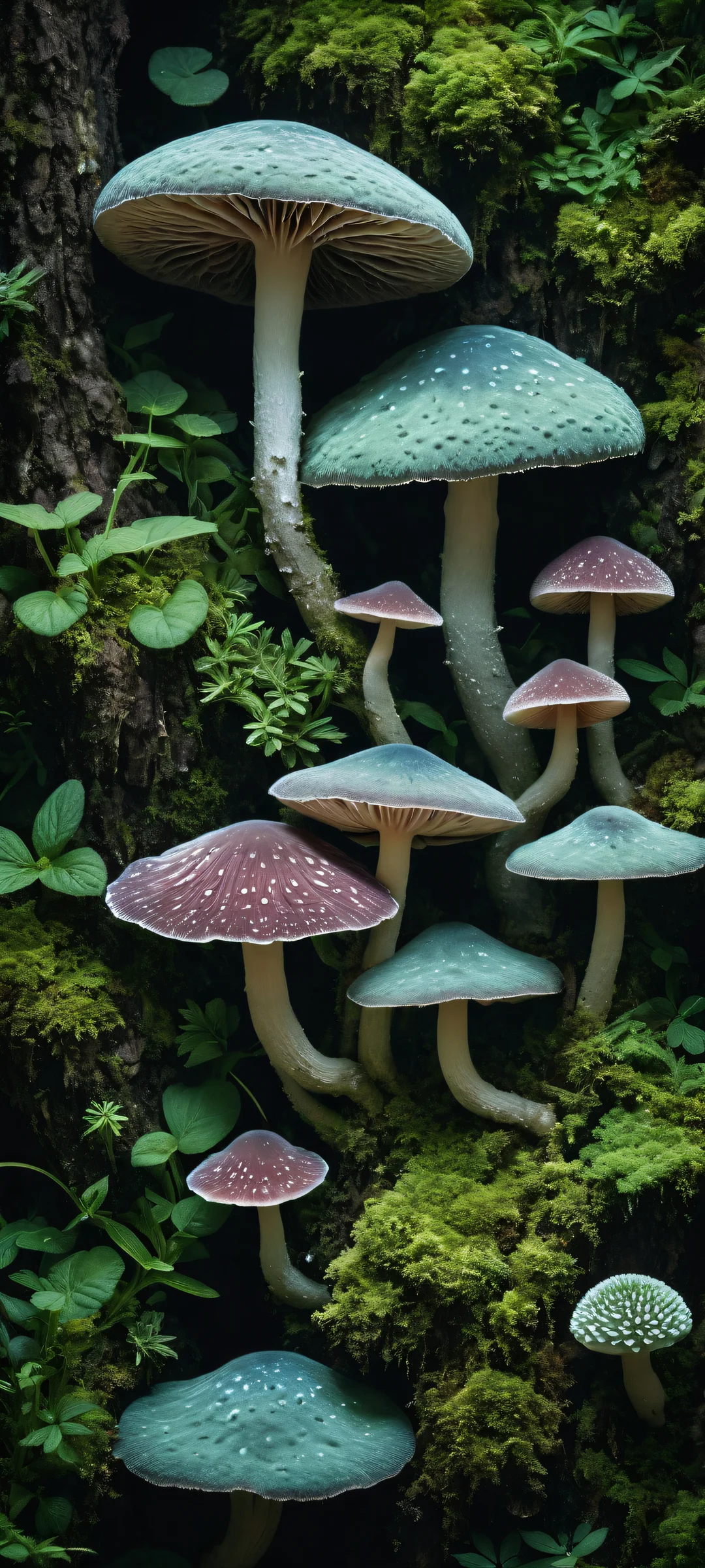 Breathtaking digital art of fungal specimens on iPhone/Android home screens. Perfect for dark mode aesthetics with deep blacks and soft pastel glow.