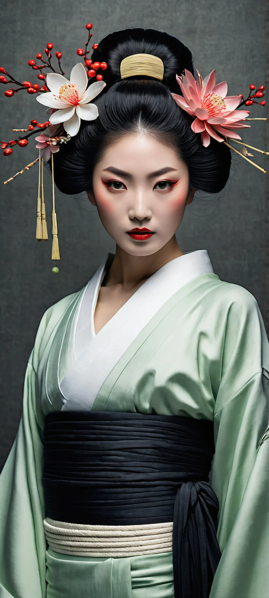 A serene geisha portrait with intricate details and soft pastel hues, perfectly optimized for iPhone and Android home screens.