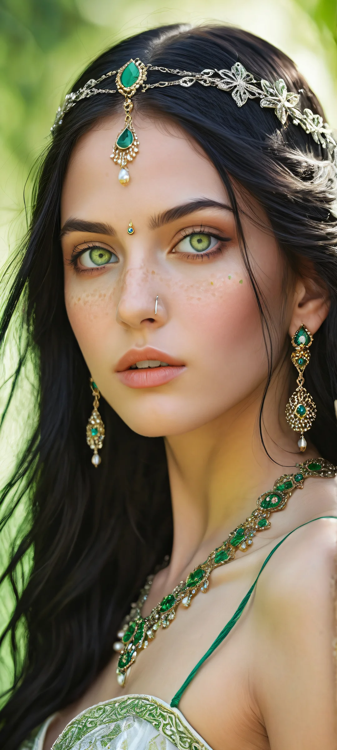 A lone girl with long black hair and piercing green eyes aims a bow, iPhone/Android wallpaper