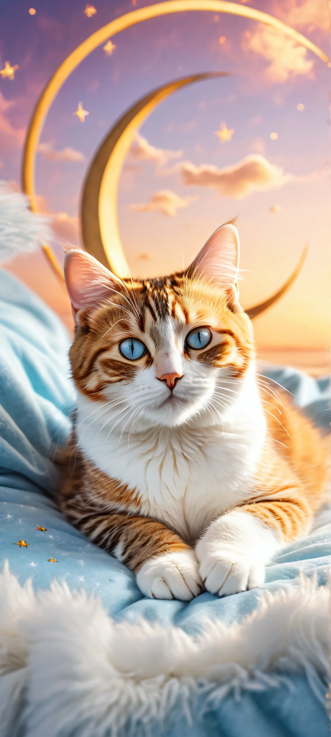 A peaceful kitten sleeping on a soft fuzzy bed, surrounded by the serene beauty of crescent moon, fluffy clouds and shooting stars. Perfect for your iPhone/Android home screen.