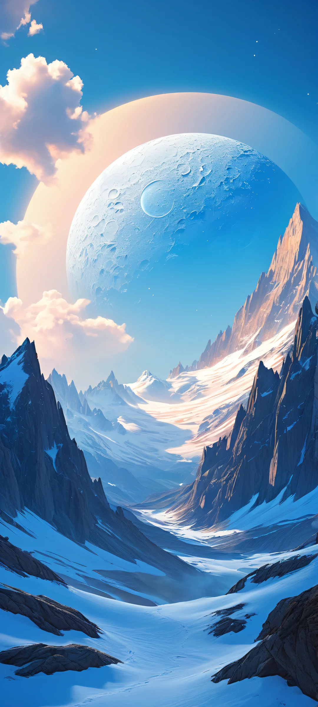 A serene ethereal landscape featuring a glowing blue moon and jagged mountains on iPhone/Android