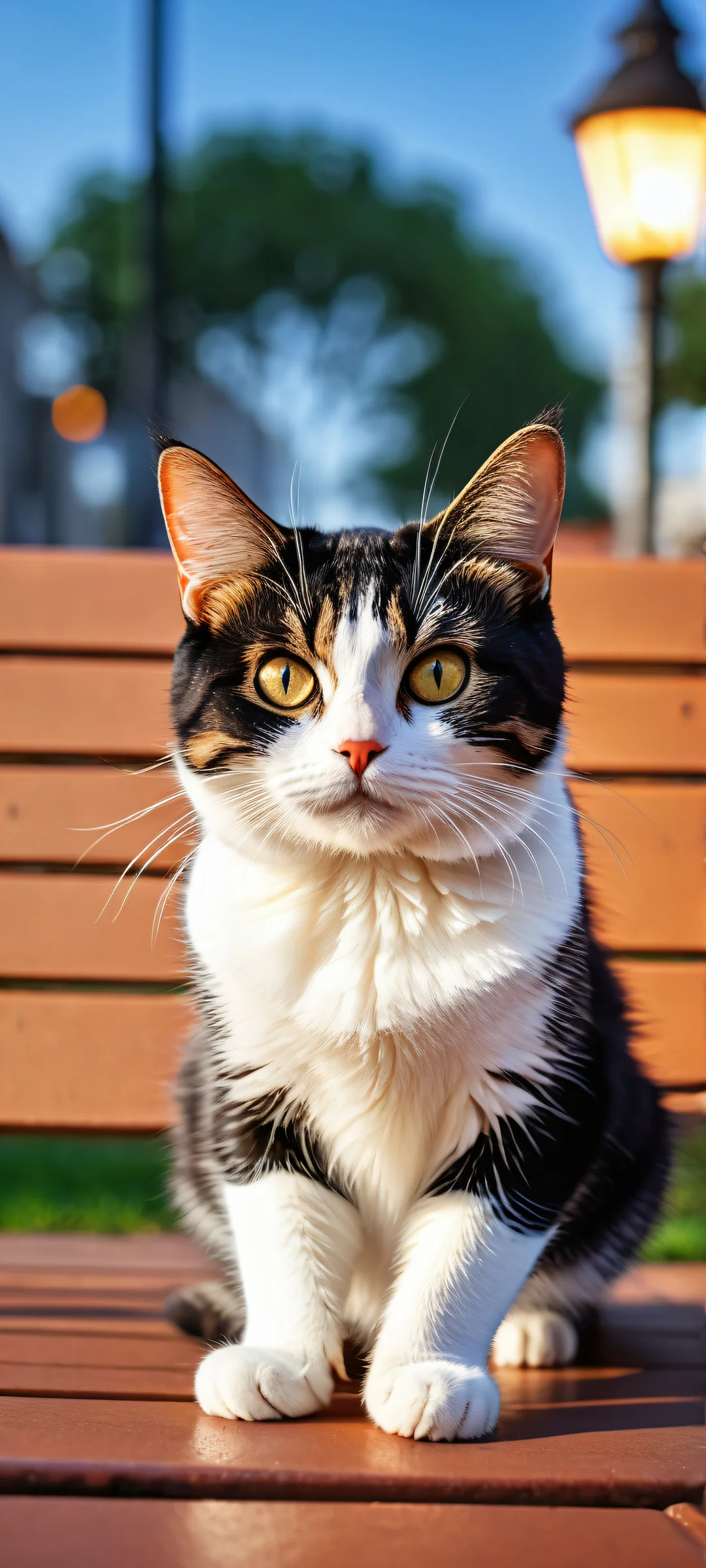 A mesmerizing iPhone/Android wallpaper featuring a black chibi anime cat lying under a park bench, gazing with wide eyes. ホーム画面に完全に最適化.