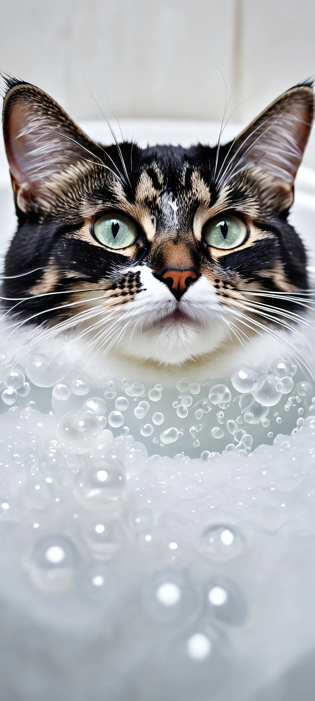 Mysterious black cat amidst white bath bubbles and an underwater world, perfekt optimiert für das iPhone, Samsung Galaxy, und Android-Startbildschirme.