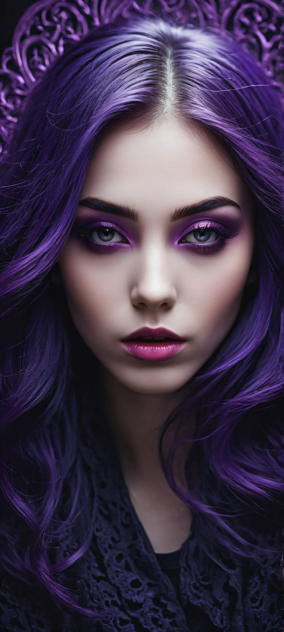 A lone teenage girl with striking purple hair stands out against a mystical world of misty atmosphere and subtle gradient effects, perfectly optimized for iPhone/Android home screens.