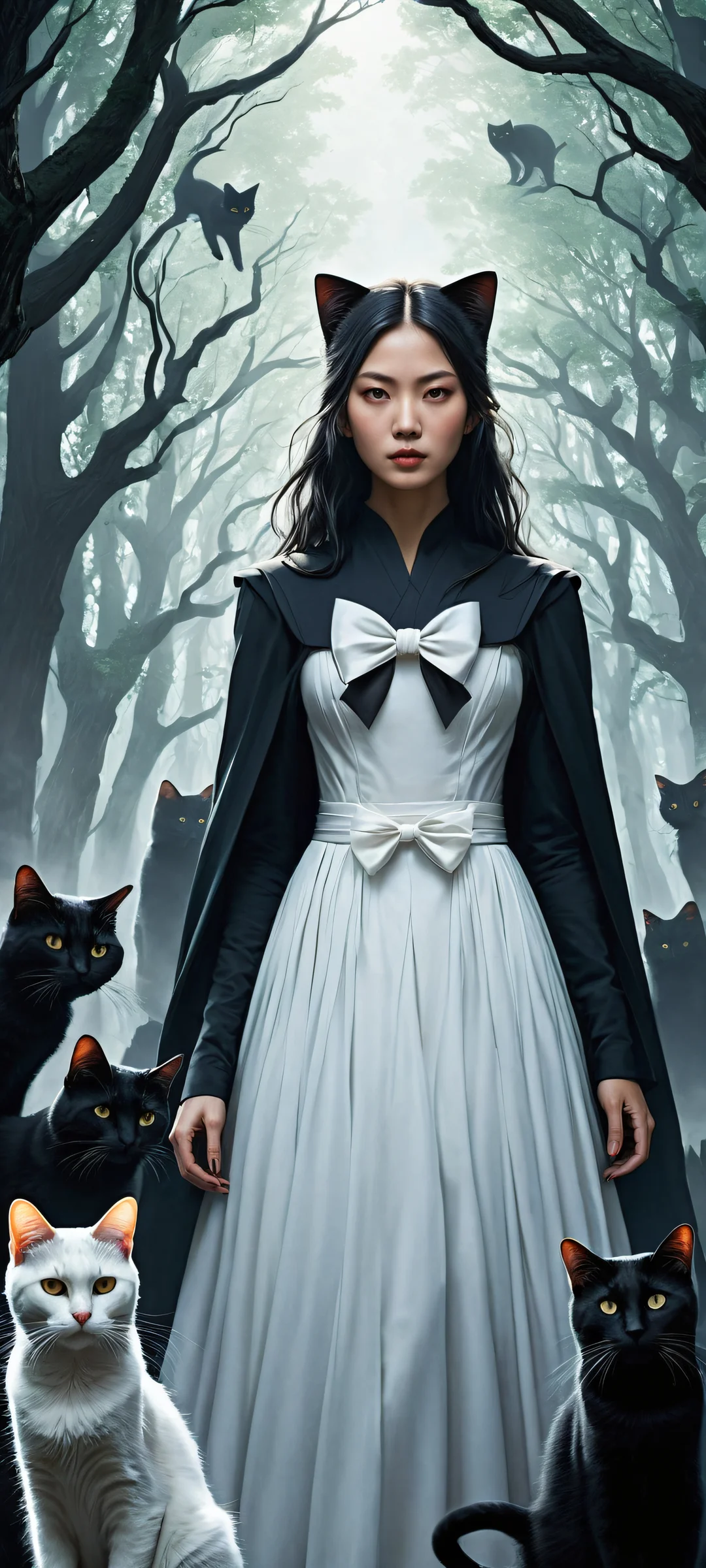 A surreal scene of a tsukihime-inspired world featuring a white-bow-adorned female figure surrounded by feral black cats, perfectly optimized for iPhone and Android home screens.