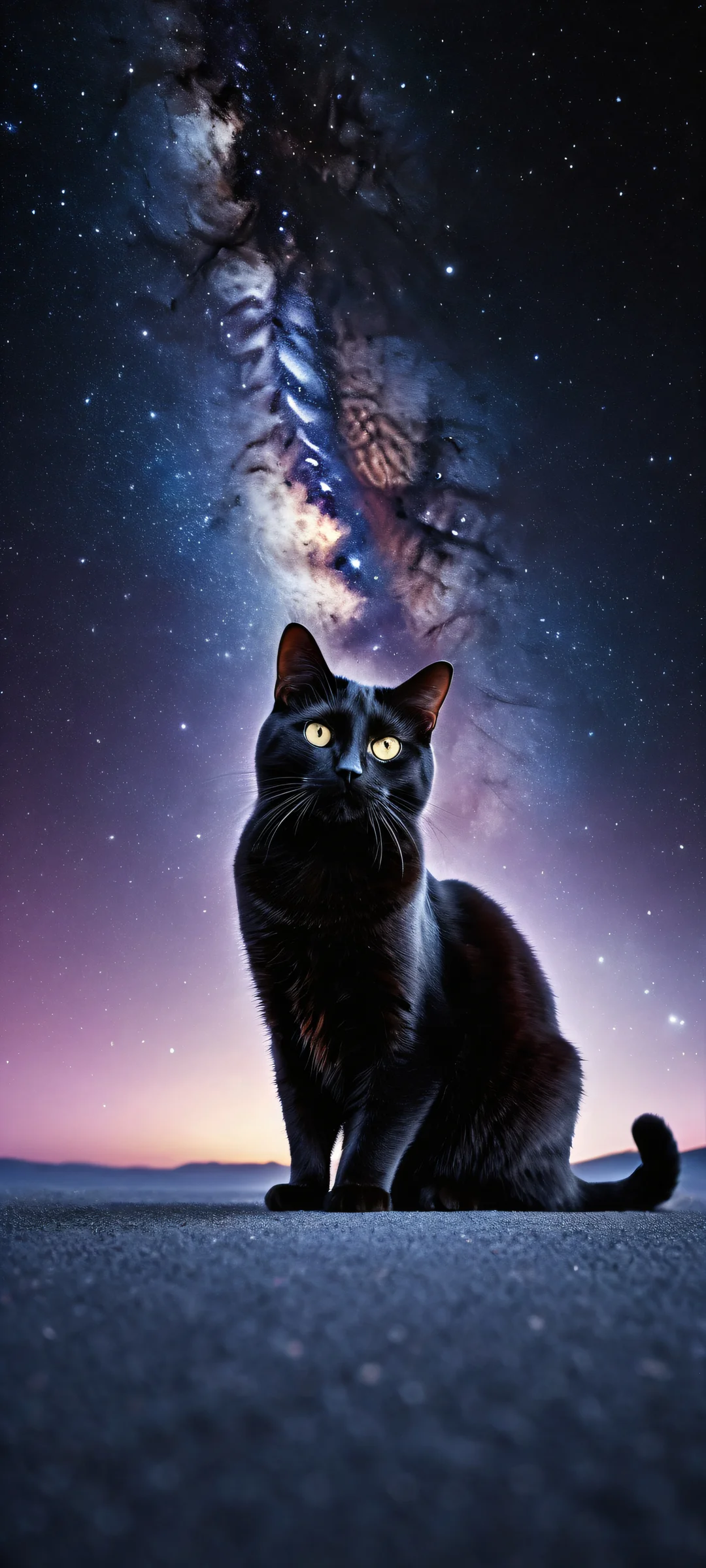 A captivating black hole with feline features set against a darkened background, featuring insane micro-details and perfect for iPhone/Android home screens.