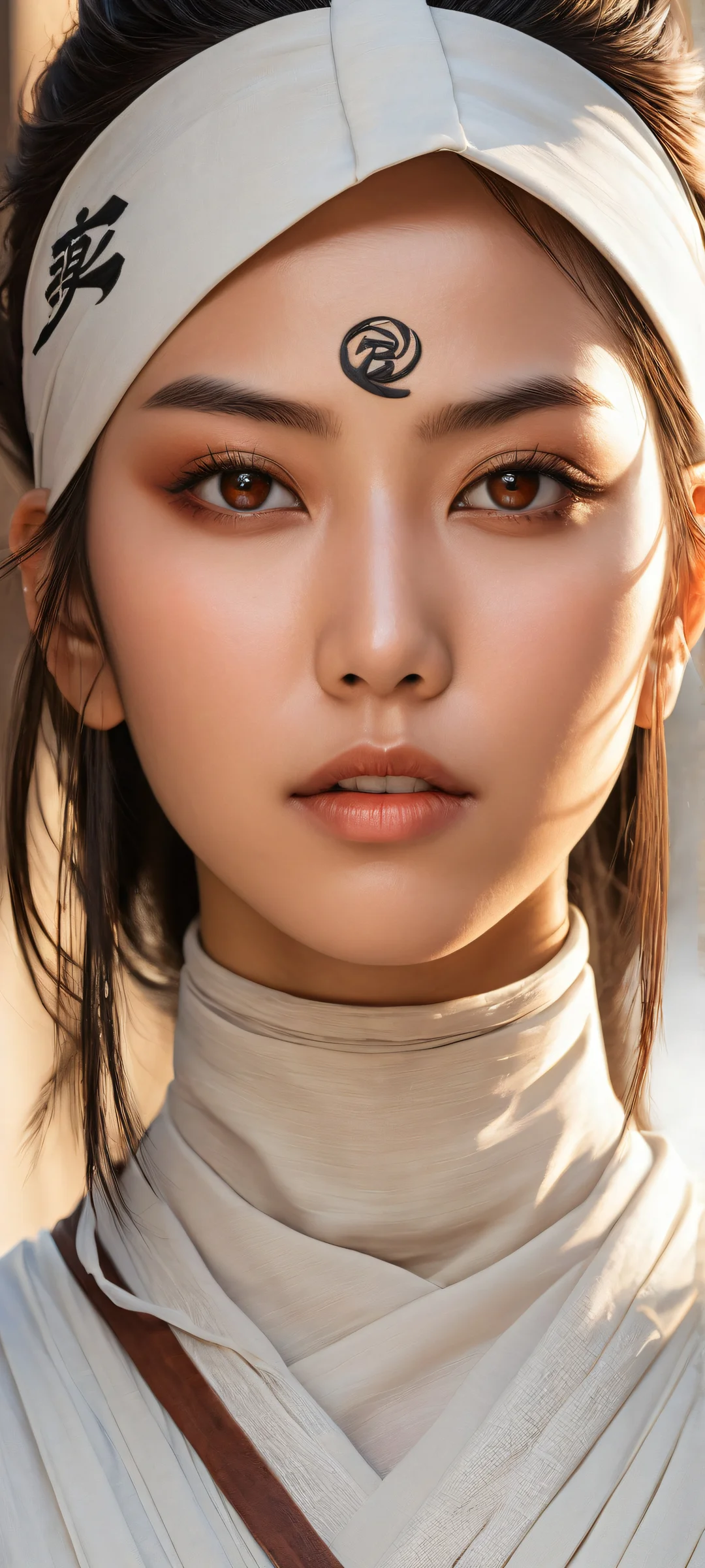 A young ninja girl gazes out from behind a pure void on her forehead protector, perfectly clean and empty top half with vast pure void. iPhone/Android compatible.