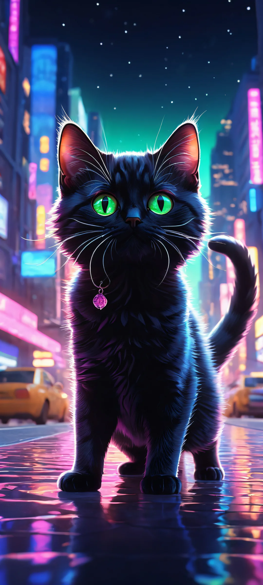A stunning black chibi anime cat gazes up at the vibrant neon lights swirling above, set against a photorealistic night scene. Perfekt für iPhone-/Android-Startbildschirme.