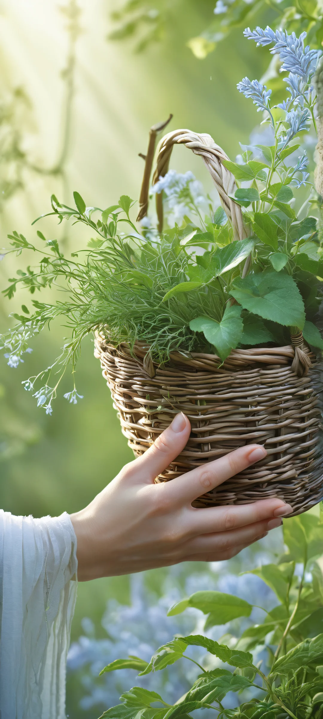 A delicate witch's hand holds a grab basket overflowing with intricately detailed herbs and plants on an iPhone/Android screen.