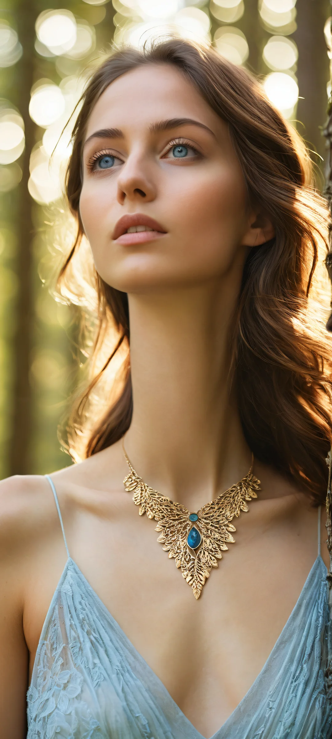 A stunning portrait of a girl with brown hair and blue eyes, set against the serene backdrop of a whimsical forest. iPhone用に完全に最適化, サムスンギャラクシー, と Android のホーム画面.