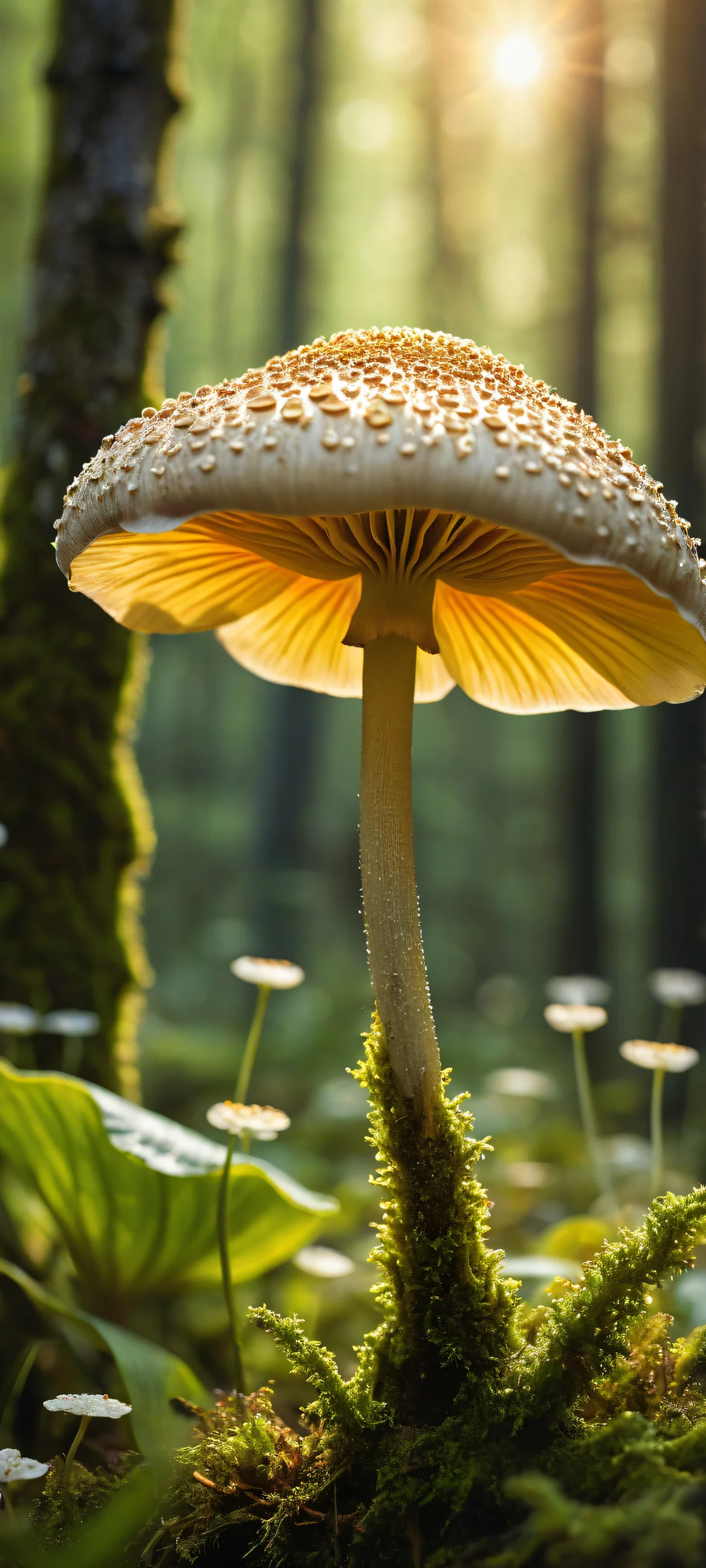 A mystical mushroom spirit holds a magical tulip in its delicate grasp, amidst the serene whispering woods of iPhone/Android.