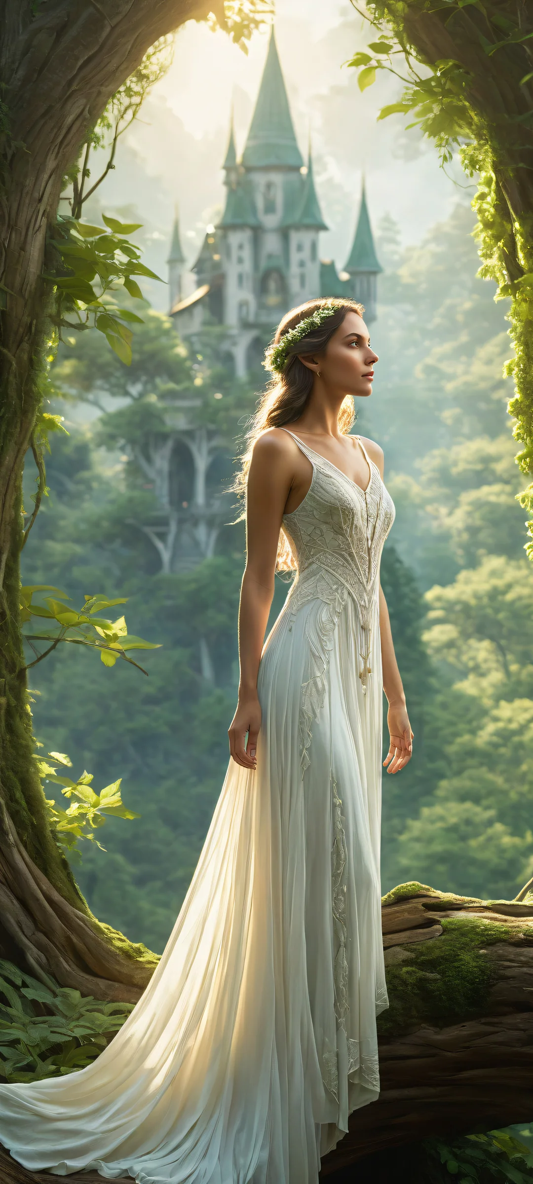 A mystical elf girl looks away into the distance against a serene backdrop of whispering woods, iPhone/Android