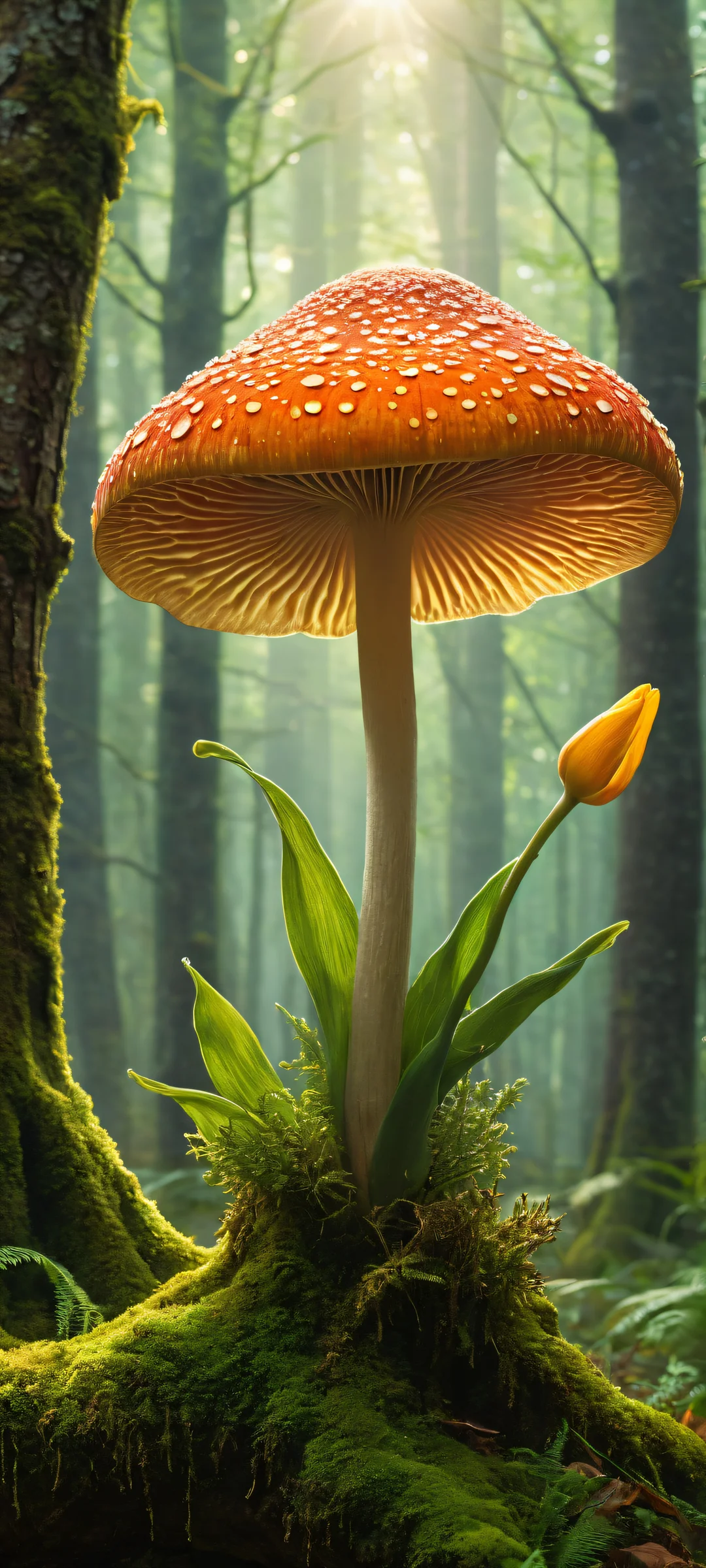 A mystical mushroom spirit offering a golden-dusted tulip to the viewer, perfectly suited for iPhone/Android home screens.