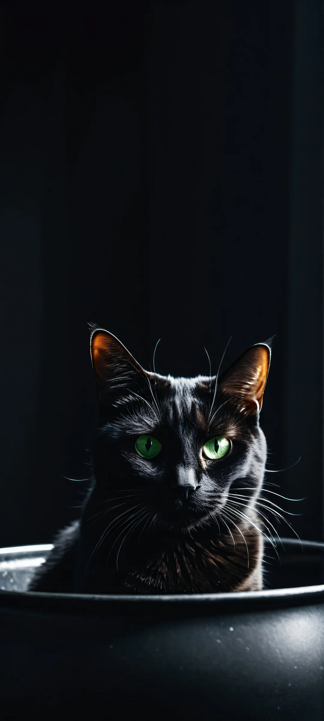 Breathtaking portrait of a black hole with cat ears, set in a kitchen with a black cat and empty pet bowl. Perfectly optimized for iPhone/Android home screens.