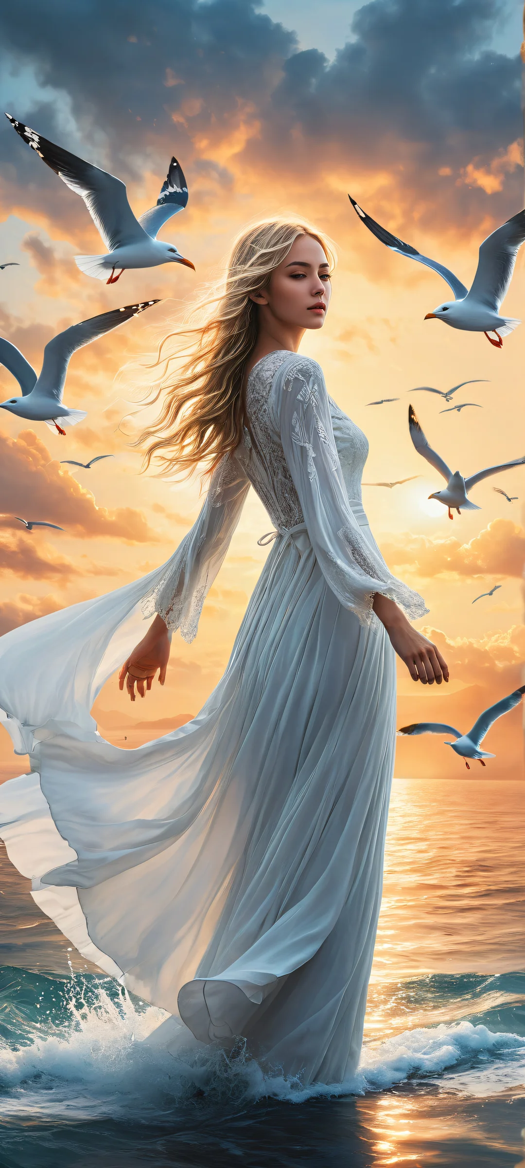 A stunning digital artwork of a blonde anime girl placed in the lower-middle, surrounded by seagulls flying against a dramatic cloudscape. Perfectamente optimizado para pantallas de inicio de iPhone y Android.