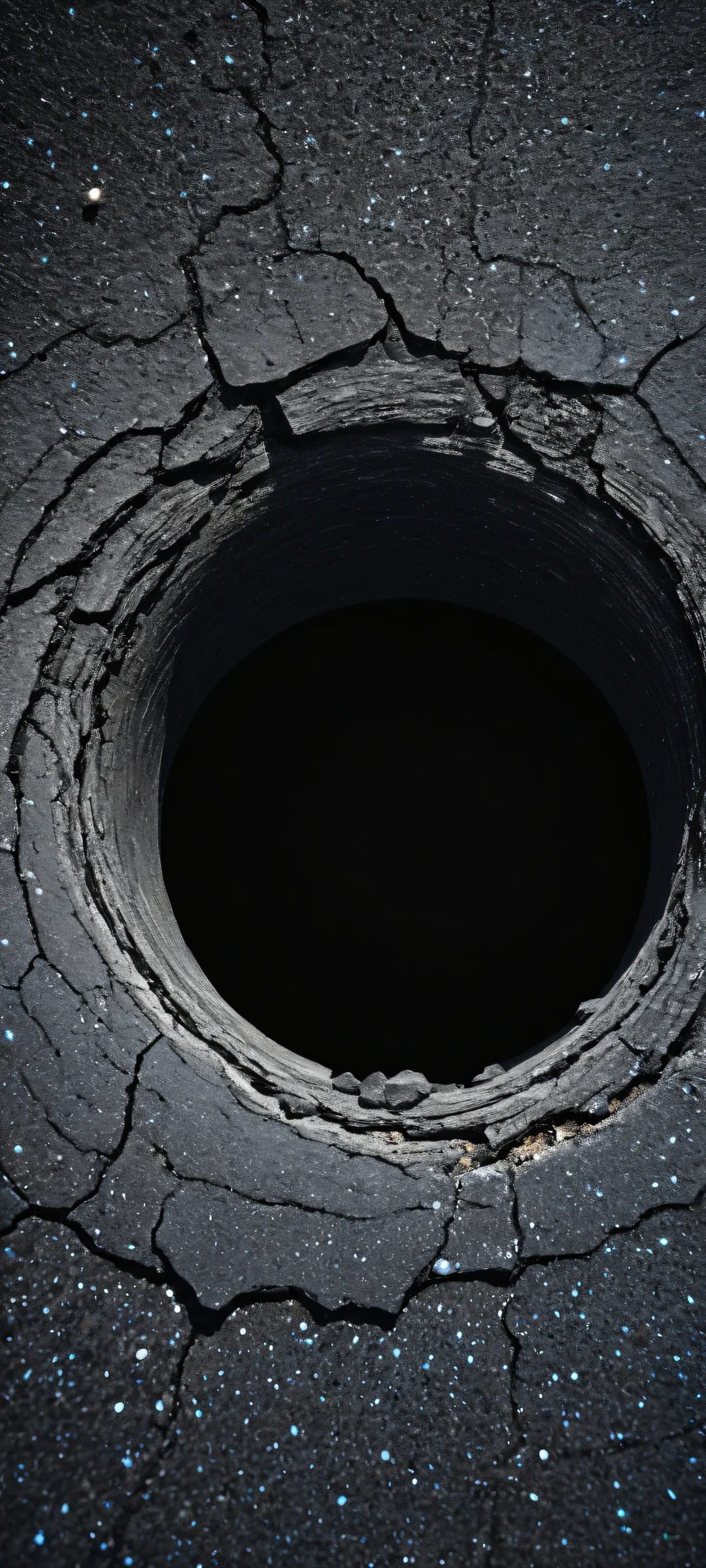 A cosmic cat with cat ears and ring peers out of a black hole surrounded by cracked asphalt, perfekt optimiert für iPhone- und Android-Startbildschirme.