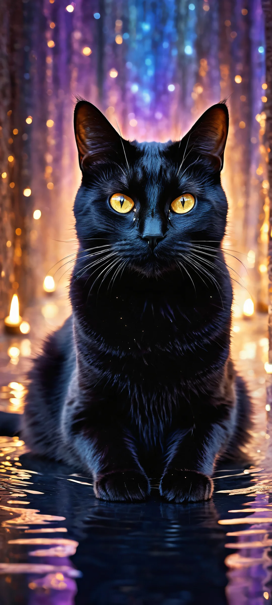A stunning black cat portrait for iPhone/Android featuring intricate textures and ethereal lighting, perfect for your home screen.