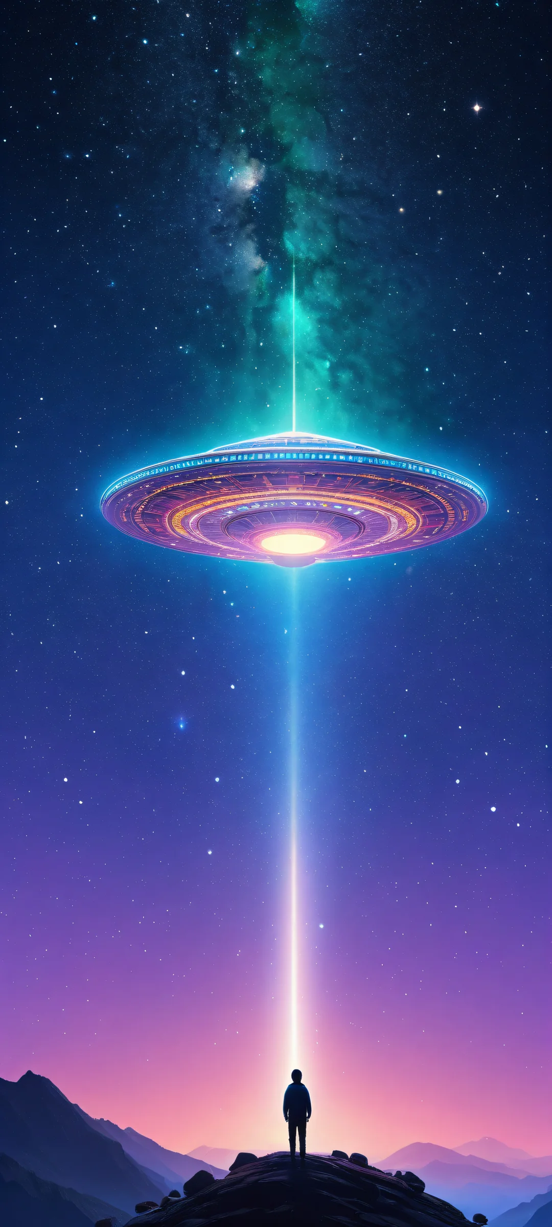 A UFO and Maneki Neko amidst planetary rings and constellations on a pure void background, perfekt optimiert für iPhone/Android-Startbildschirme.