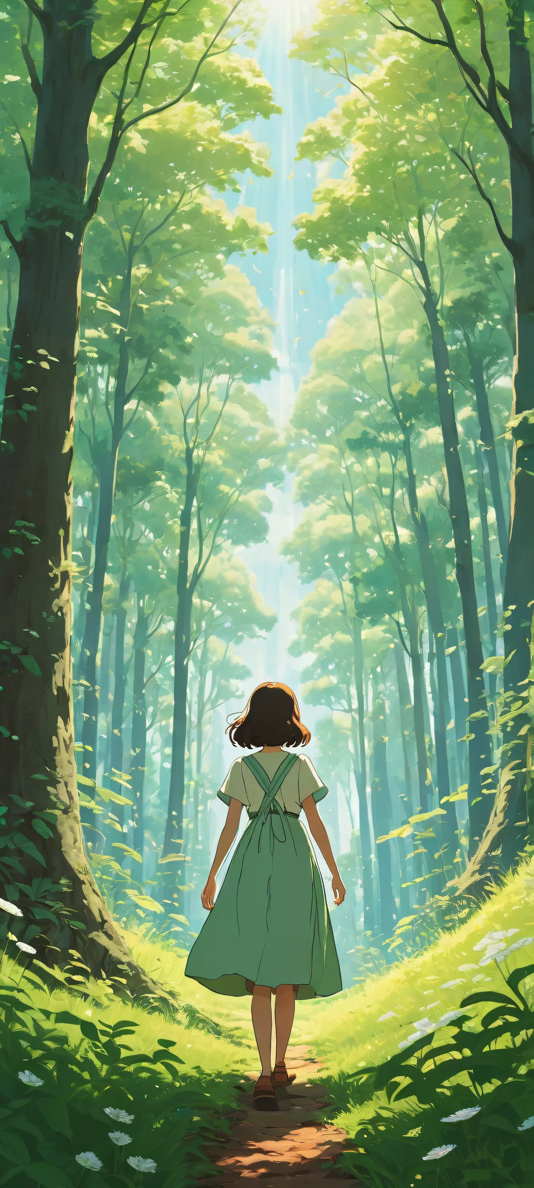 A Ghibli-inspired character with leaf-like fabric sprouting buds stands in a meadow at the forest edge, perfectly optimized for iPhone and Android home screens.