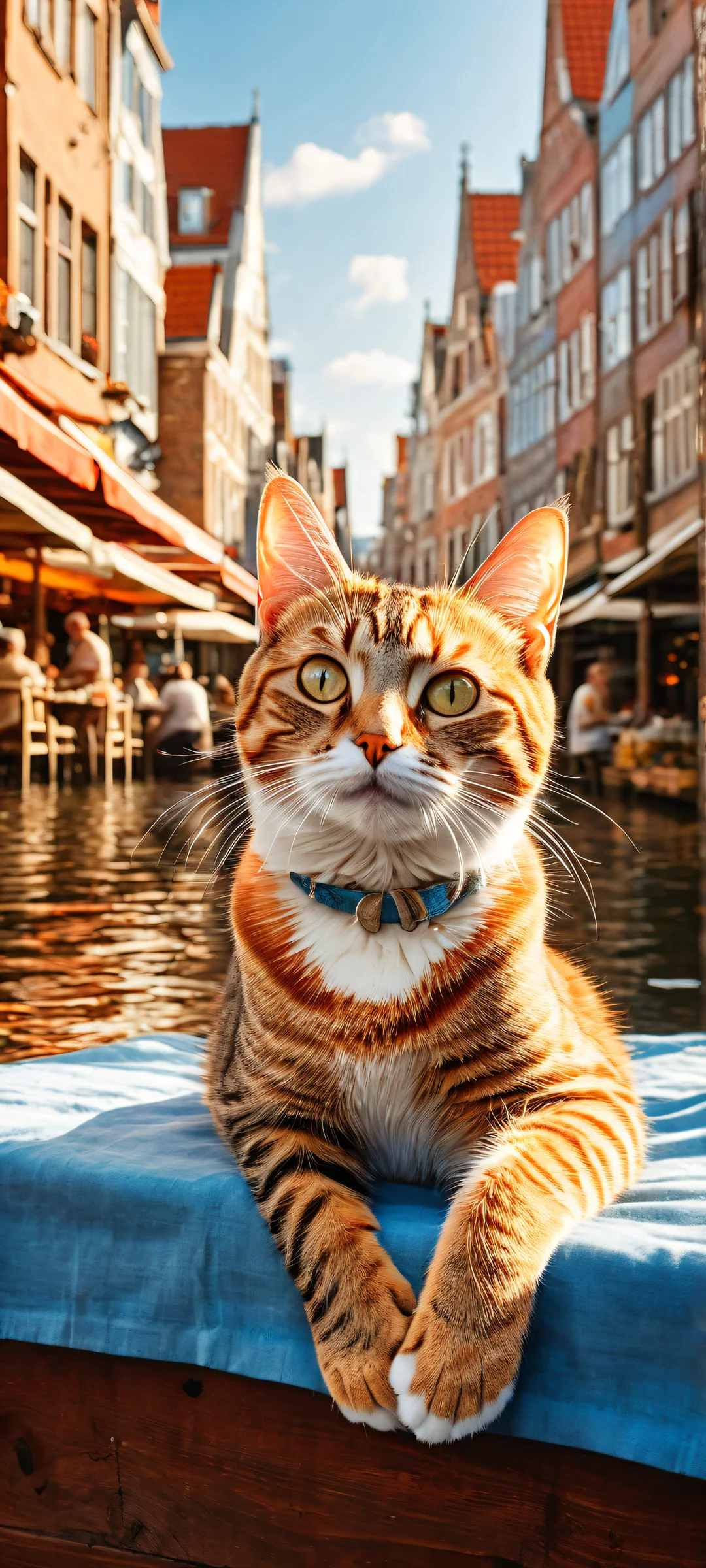 A young tabby cat holds a shiny silver fish tight as if mid-shout, surrounded by a bustling Dutch street market scene with vibrant stalls and lively people. iPhone/Android.