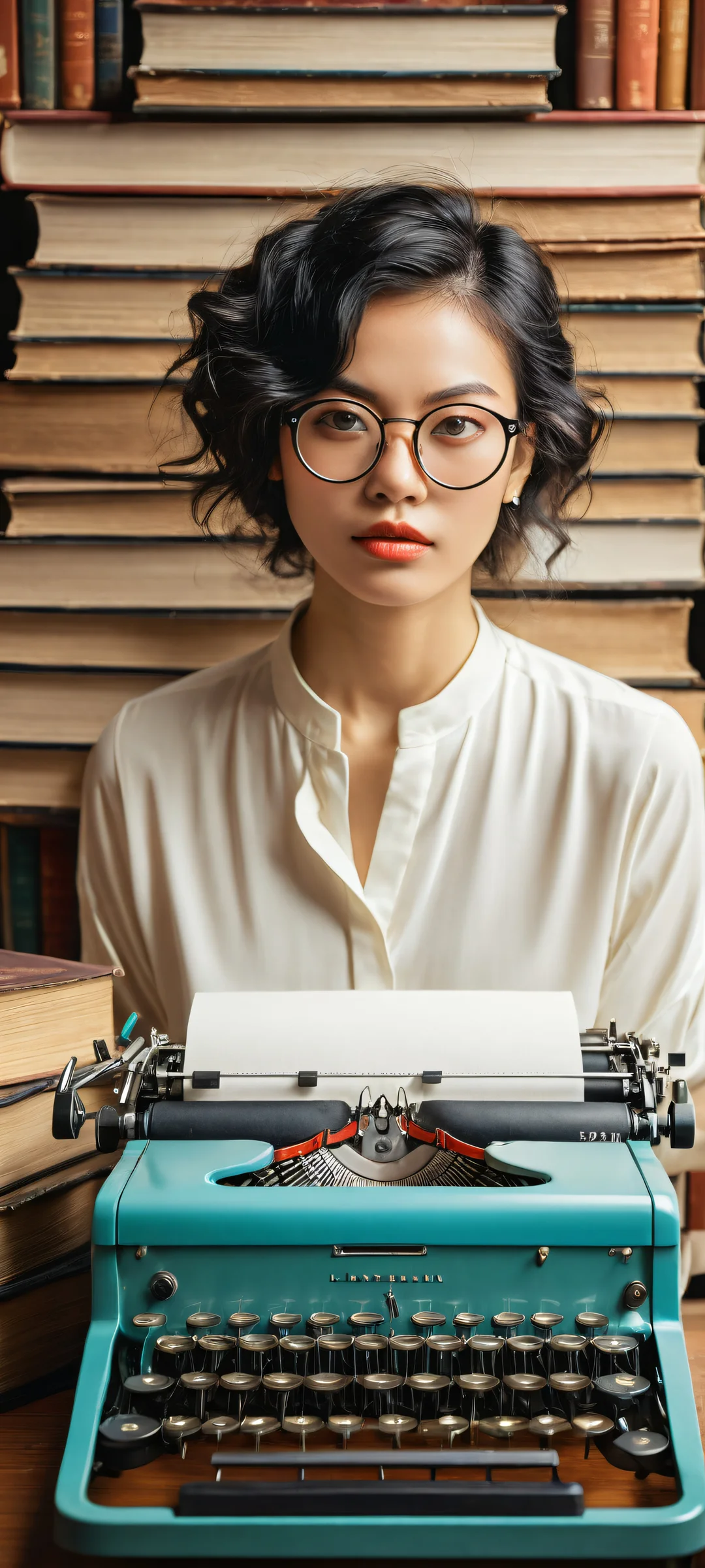 iPhone and Android users will be mesmerized by this breathtaking digital artwork of a vintage typewriter, old books, and an 8K computer setup, perfectly optimized for home screens.