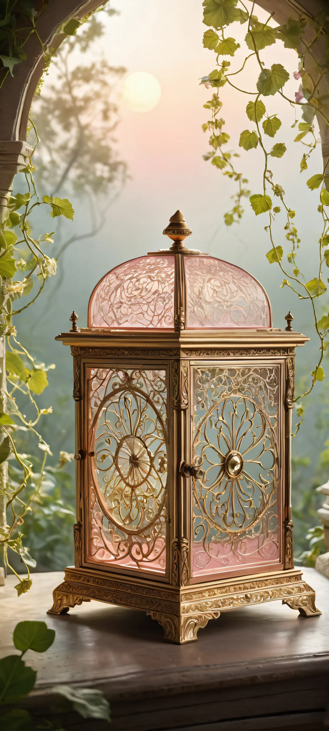 A forgotten conservatory with an antique music box surrounded by vines and tendrils. Parfaitement optimisé pour iPhone, SamsungGalaxy, et écrans d'accueil Android.