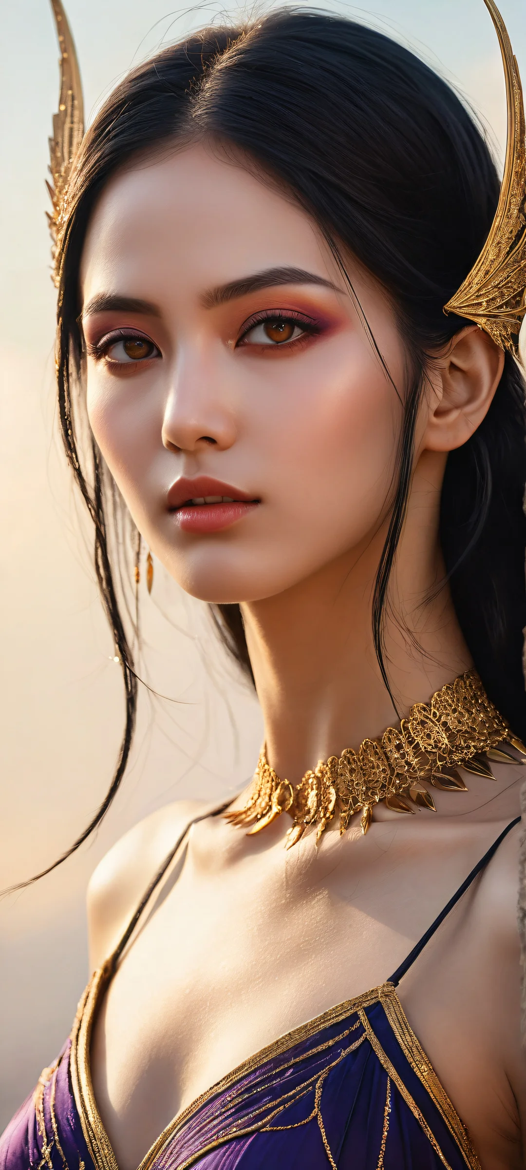 A fantasy girl with pointy ears and black hair gazes away, surrounded by intricate artwork on iPhone/Android