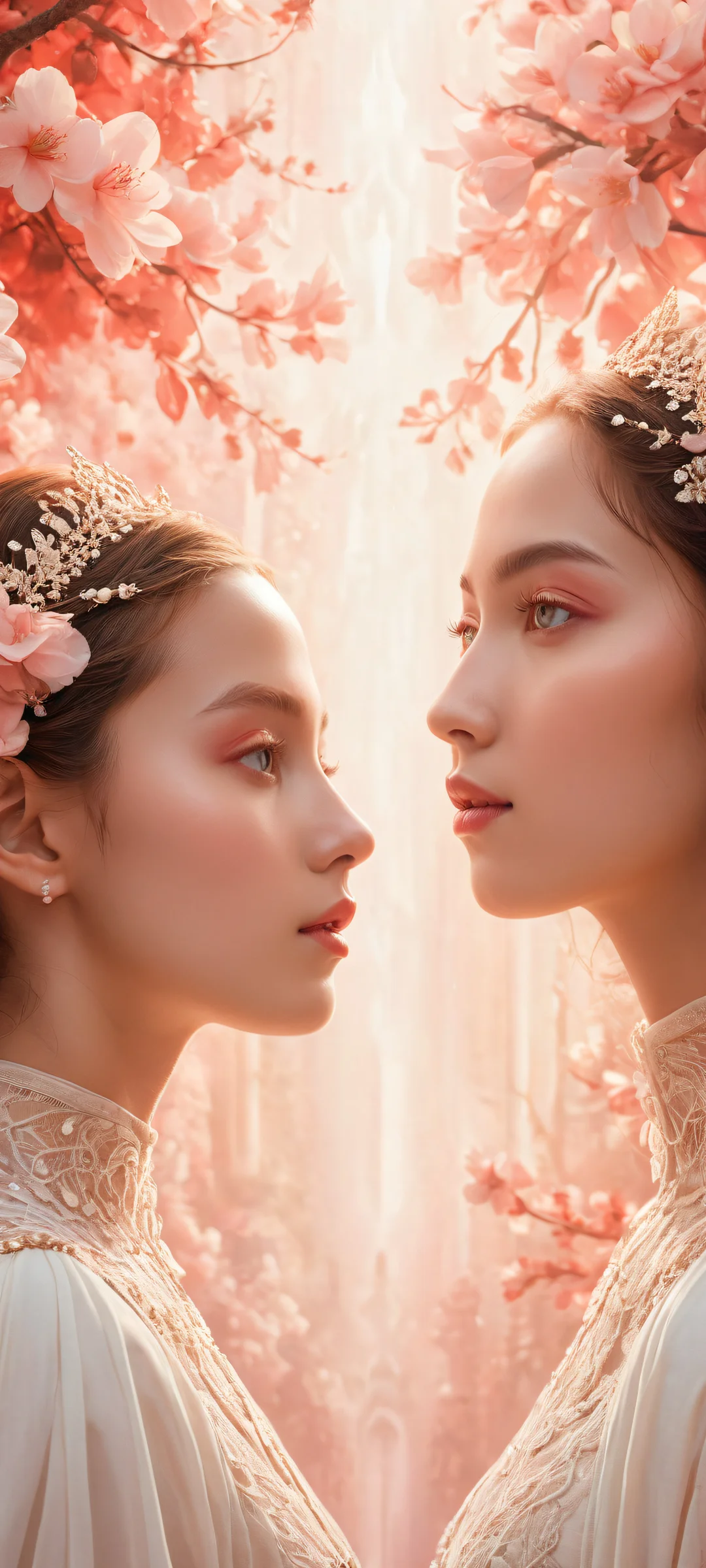 Whispers in Elysium Aesthetic Phone WallpaperiPhone と Android のホーム画面に完全に最適化 Two enchanting girls in a dreamlike atmosphere with intricate details and soft skin tones, perfectly optimized for iPhone and Android home screens.