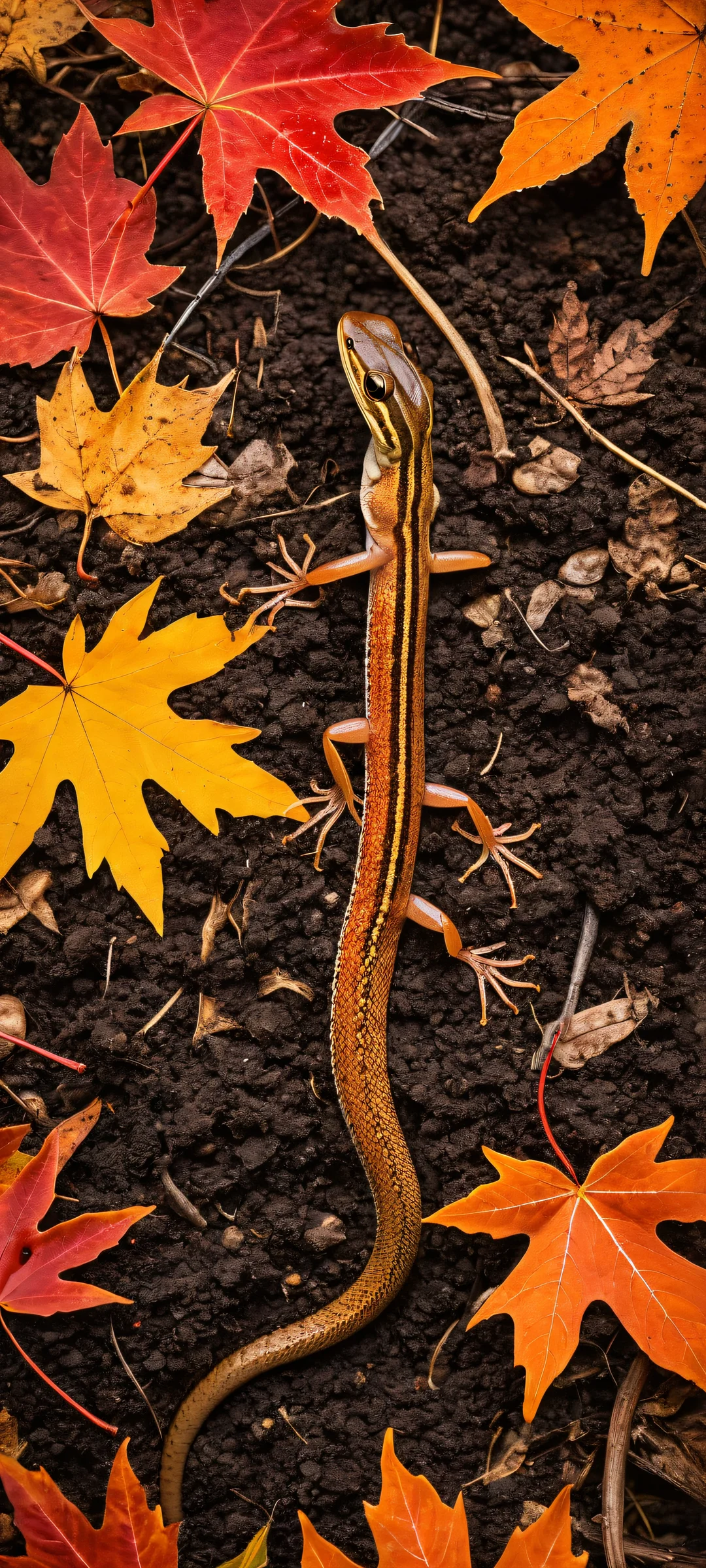 A slow worm hiding in compost on iPhone/Android, surrounded by autumn maple grove and windmill blades.