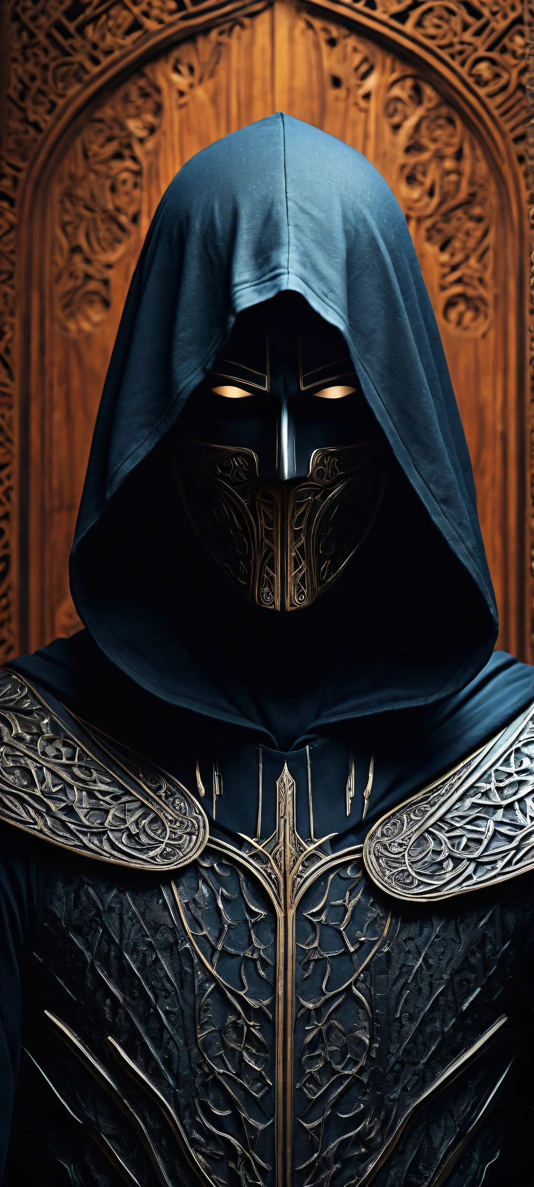 A lone figure cloaked in shadows on a serene wooden background, iPhone と Android のホーム画面に完全に最適化.