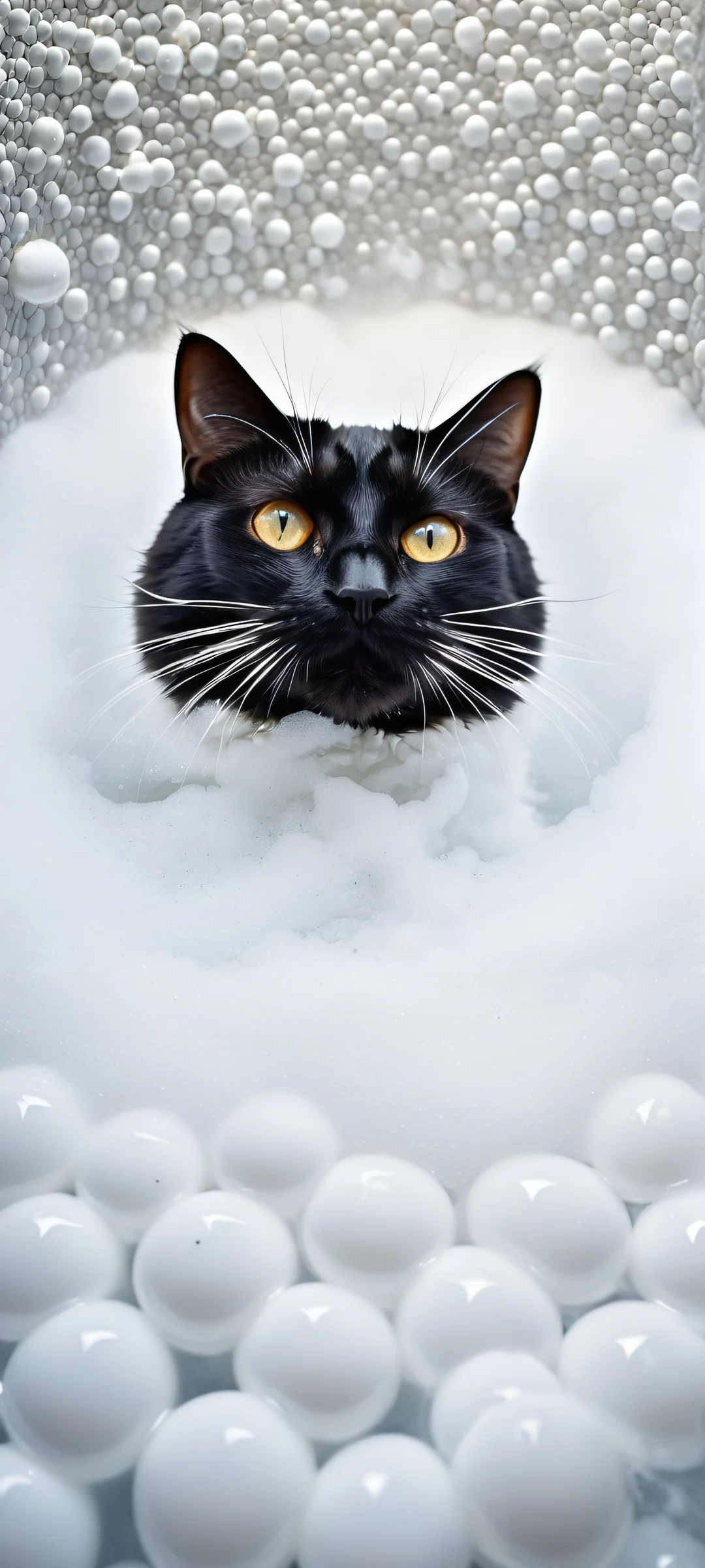 A serene black cat peeking out from a sea of bubbles on an iPhone/Android home screen.