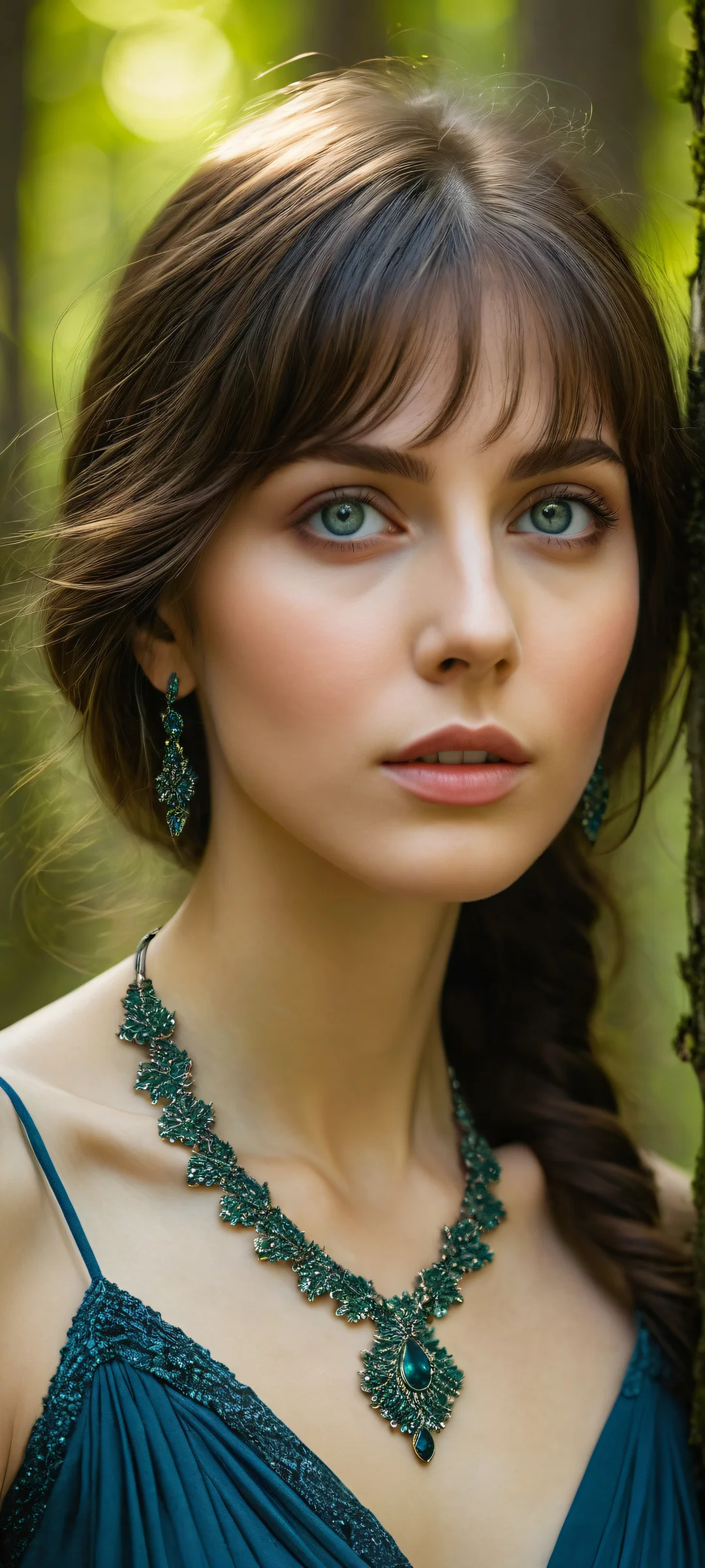 A serene young woman with beautiful brown hair and deep blue eyes amidst a mystical forest, parfaitement optimisé pour iPhone, SamsungGalaxy, et écrans d'accueil Android.
