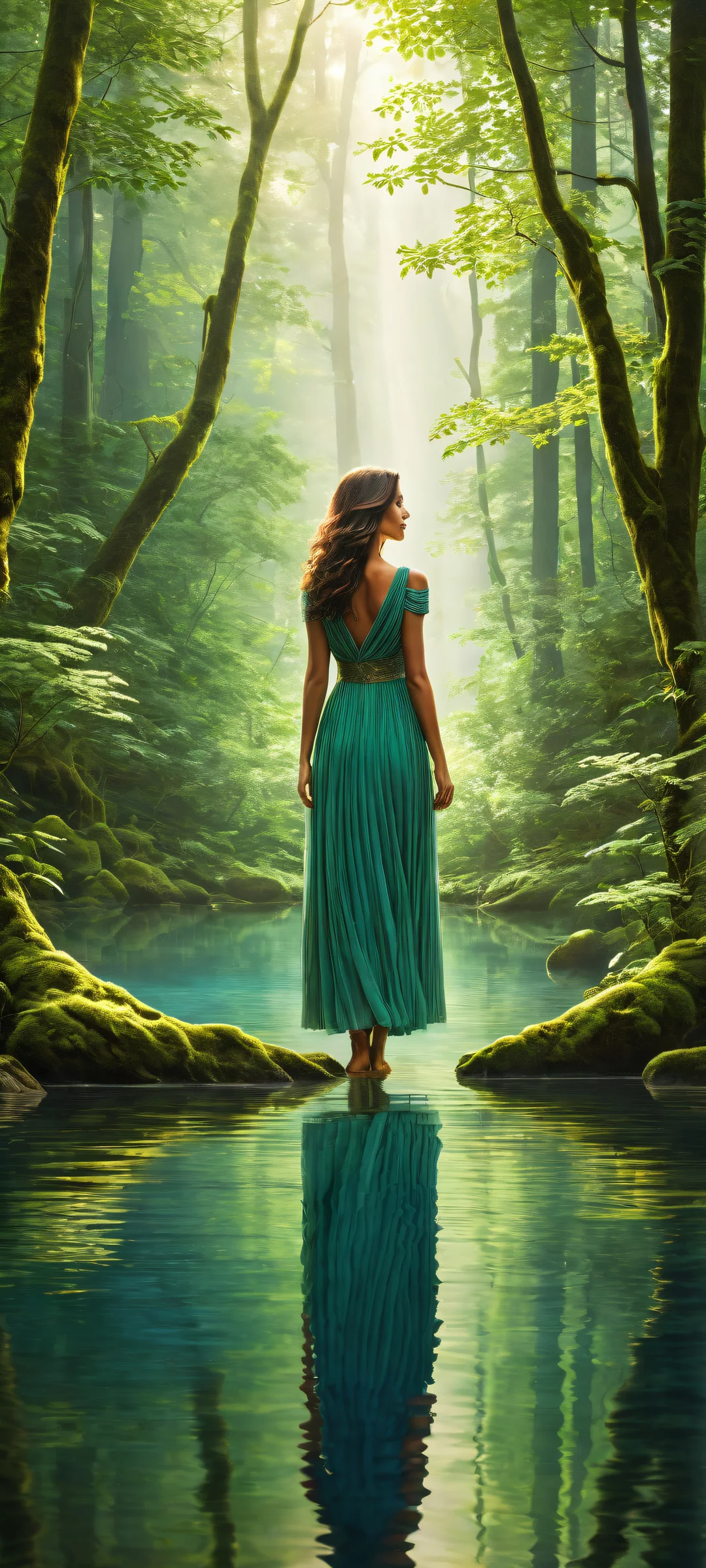 A brunette stands in a serene forest, iPhone/Android compatible, with vibrant atmosphere and intricate details.