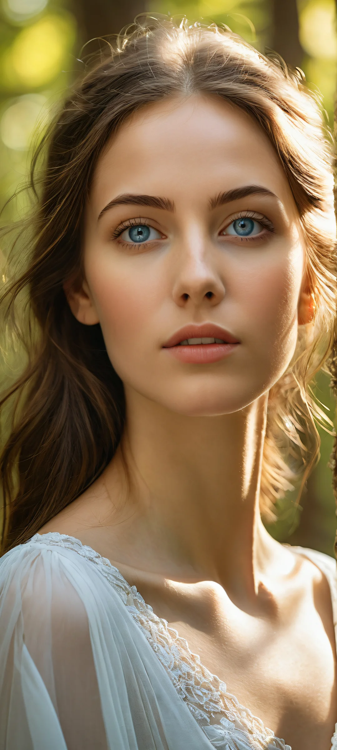 Whispers in the Forest 2K QHD Mobile Wallpaper Ethereal portrait of a young woman with sparkling eyes and beautifully styled hair, set against a serene forest landscape on a clean and smooth background.